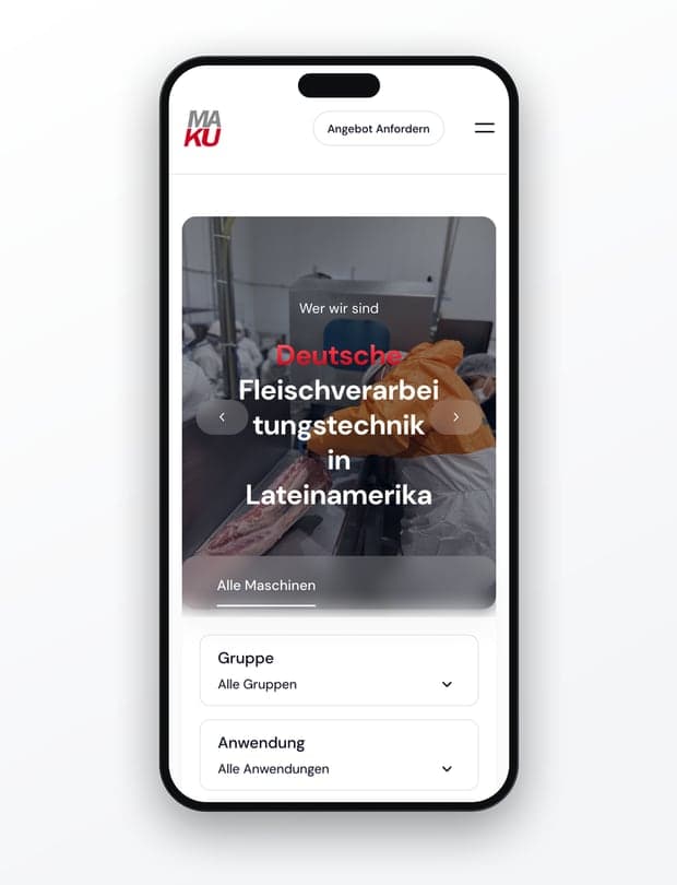 Die Startseite von MAKU Meat Tec auf einem Handy, mit der Überschrift Deutsche Fleischverarbeitungstechnik in Lateinamerika.