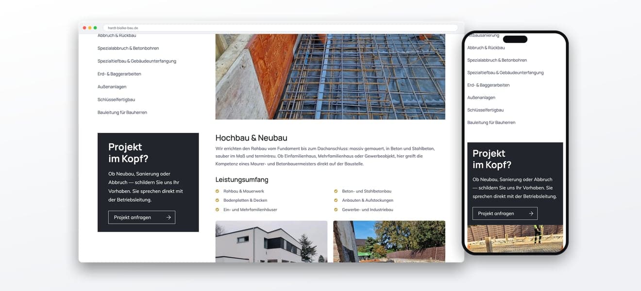 Eine Leistungsseite von Bialke Bau in einem Browserfenster, daneben dieselbe Seite auf einem Handy.