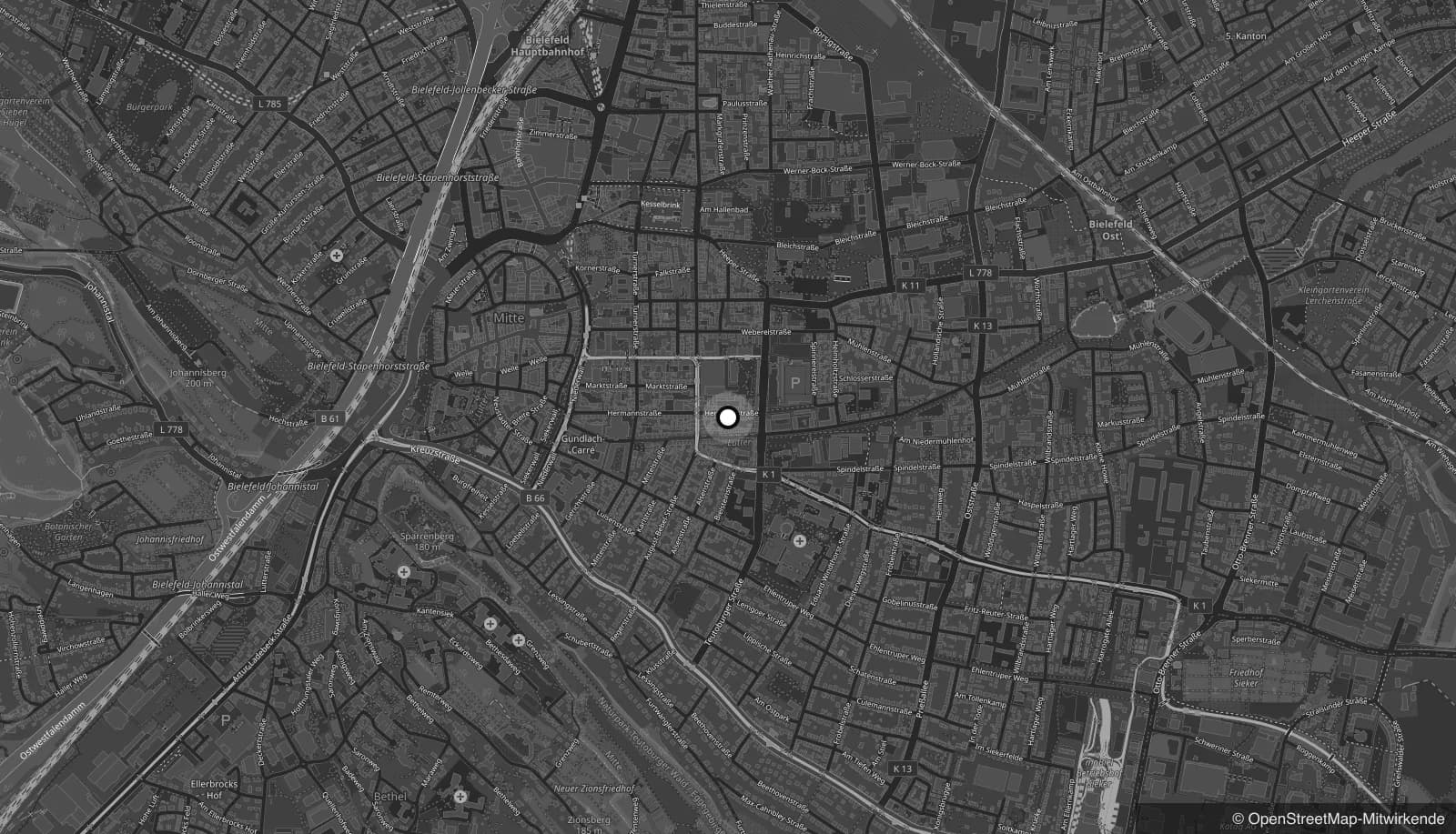 Kartenausschnitt der Bielefelder Innenstadt, ein Punkt markiert den Standort.