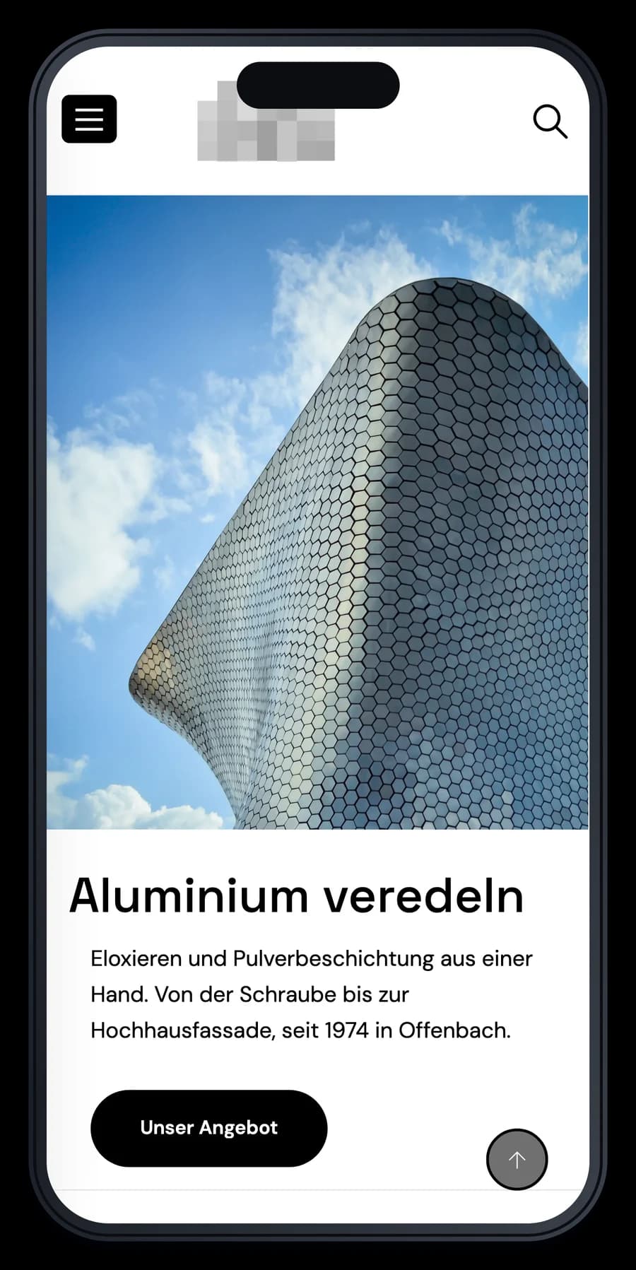Projekt für einen Betrieb der Oberflächentechnik, die Startseite auf einem iPhone