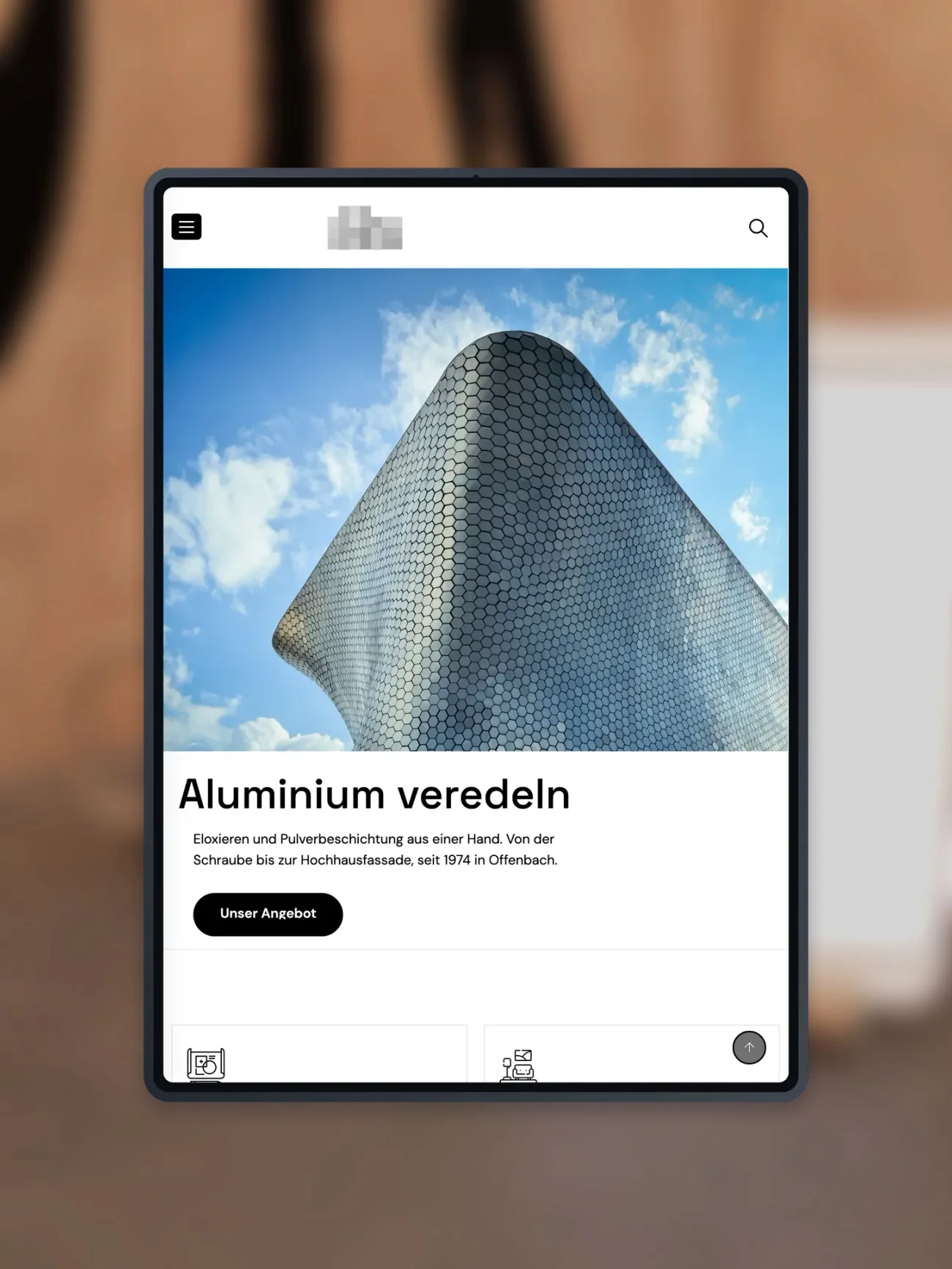 Projekt für einen Betrieb der Oberflächentechnik, die Startseite auf einem iPad