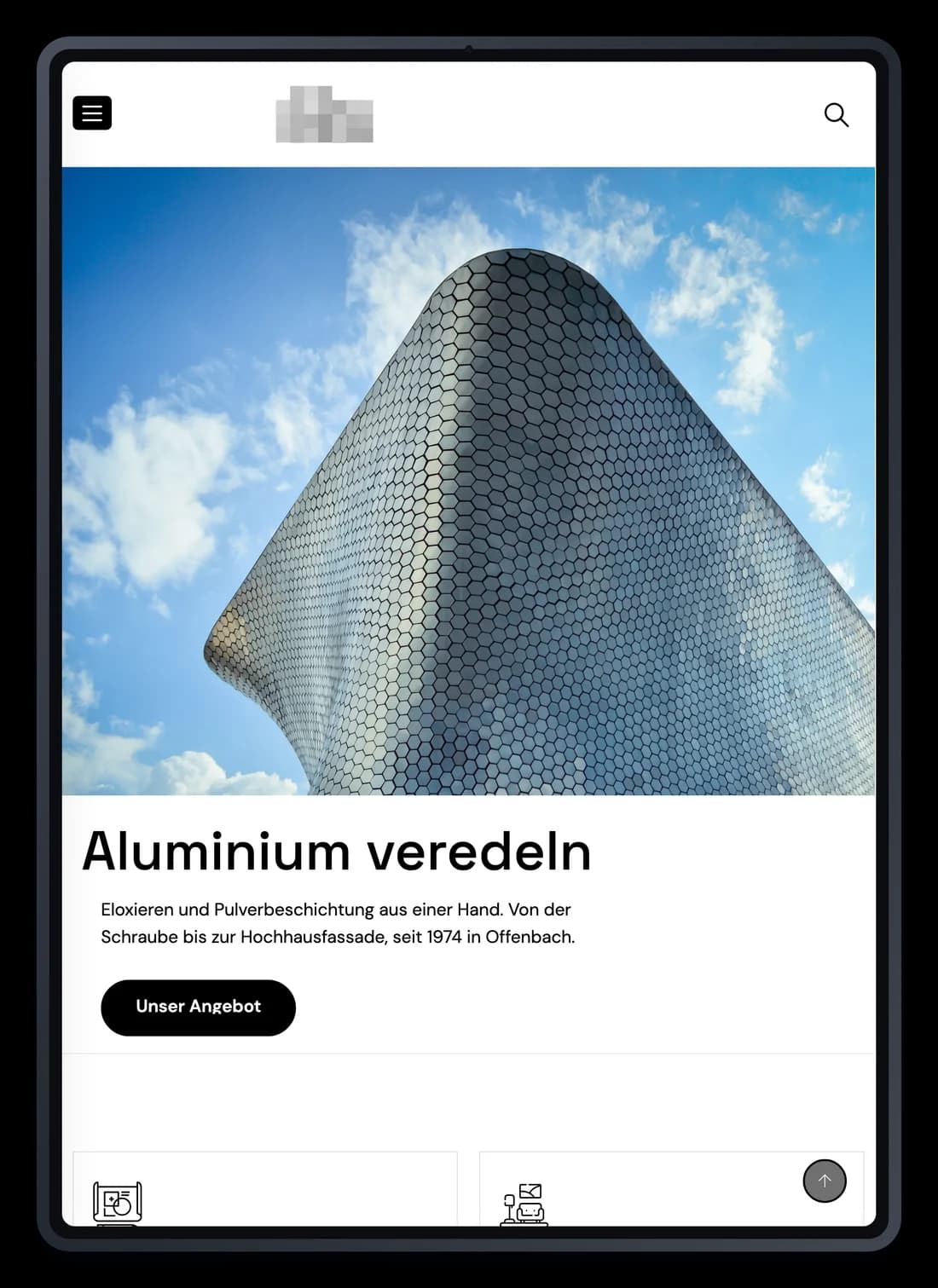 Projekt für einen Betrieb der Oberflächentechnik, die Startseite auf einem iPad