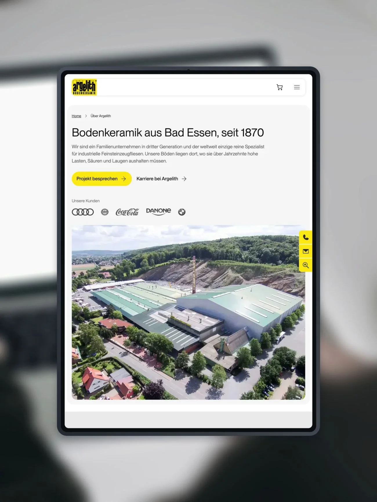 Website von Argelith, die Seite über das Unternehmen auf einem iPad