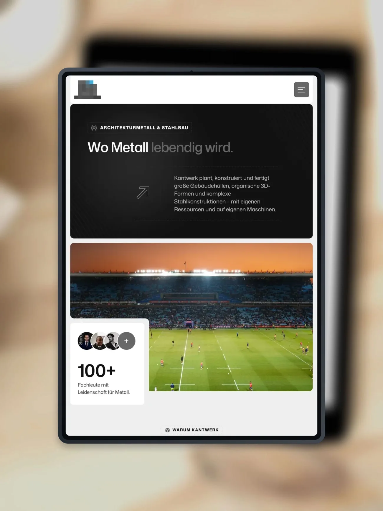 Projekt für einen Metallbaubetrieb, die Startseite auf einem iPad