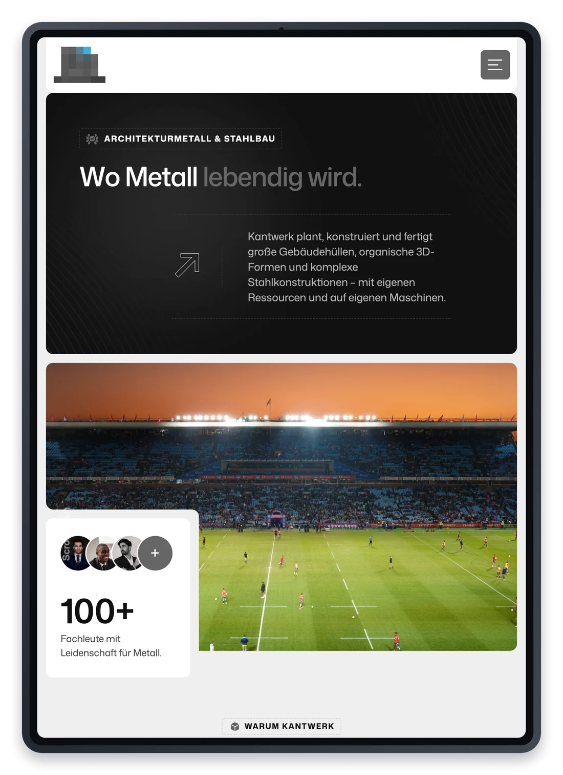 Projekt für einen Metallbaubetrieb, die Startseite auf einem iPad