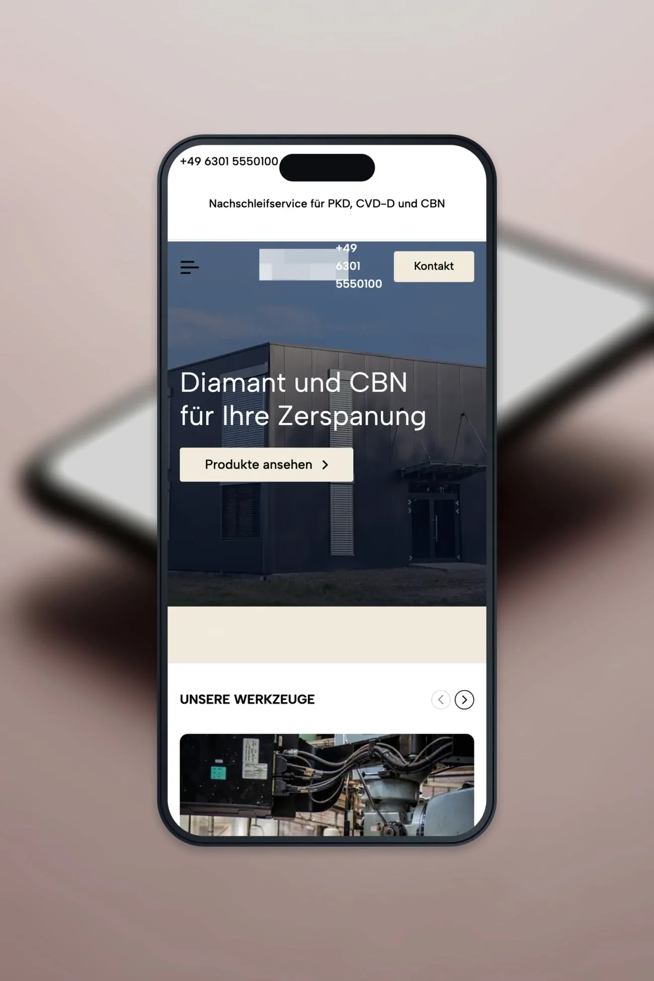 Projekt für einen Werkzeughersteller, die Startseite auf einem iPhone