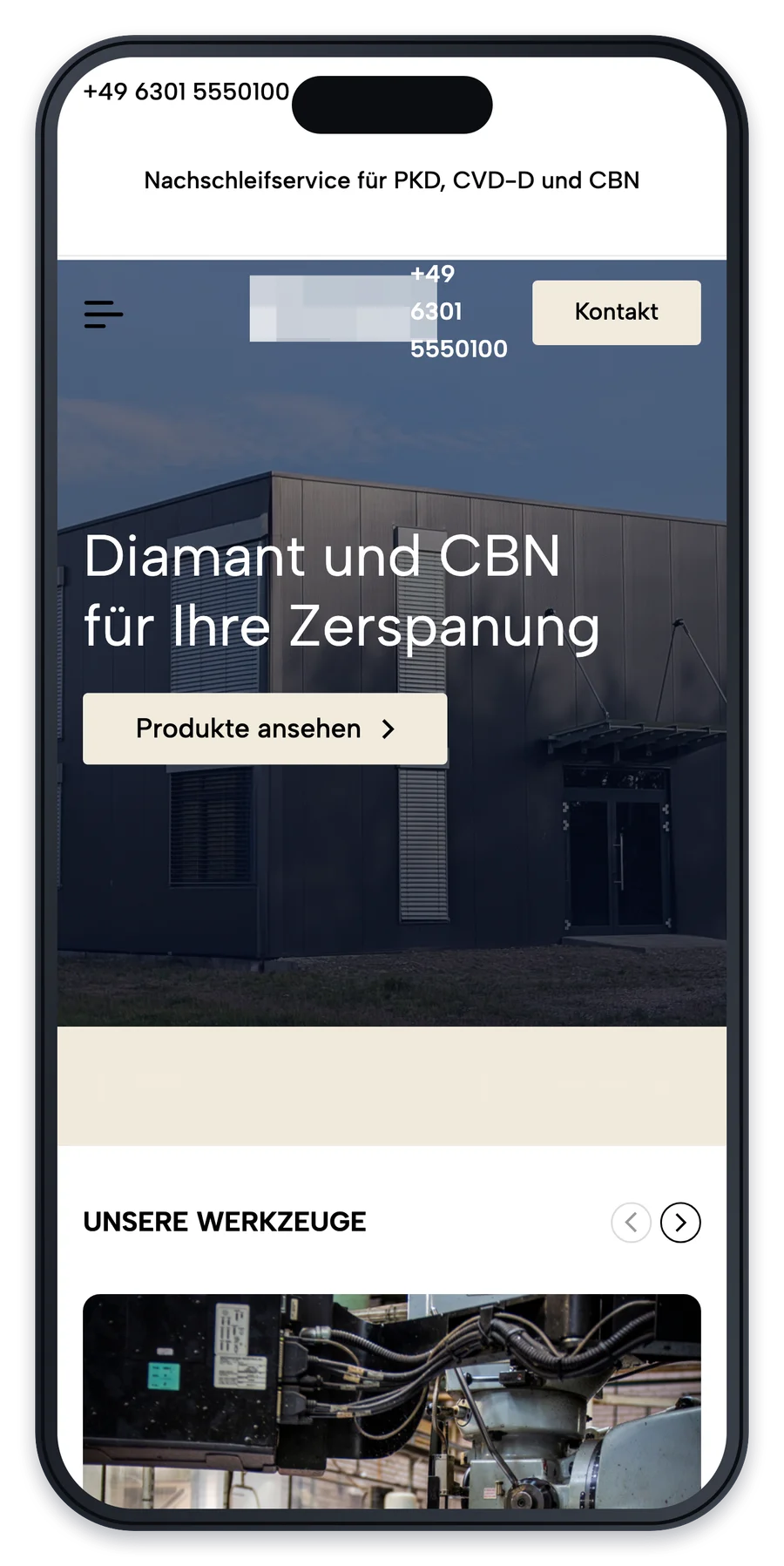 Projekt für einen Werkzeughersteller, die Startseite auf einem iPhone