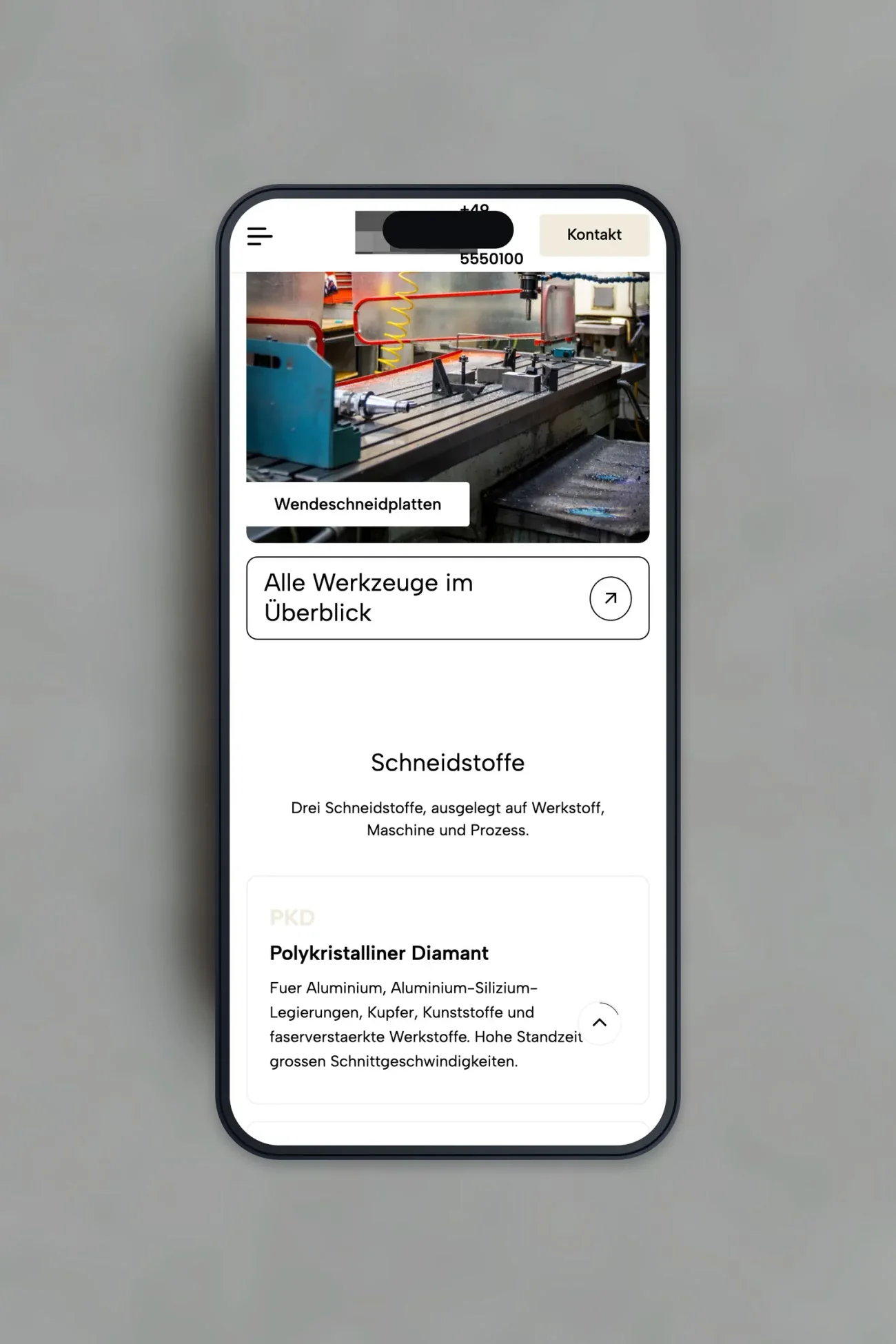 Projekt für einen Werkzeughersteller, die Startseite weiter unten auf einem iPhone