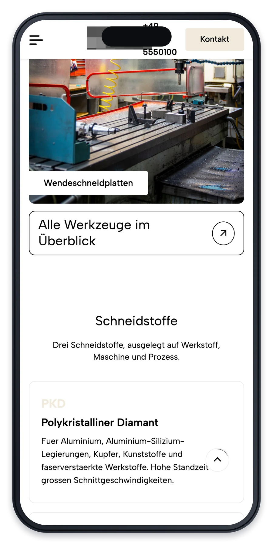 Projekt für einen Werkzeughersteller, die Startseite weiter unten auf einem iPhone