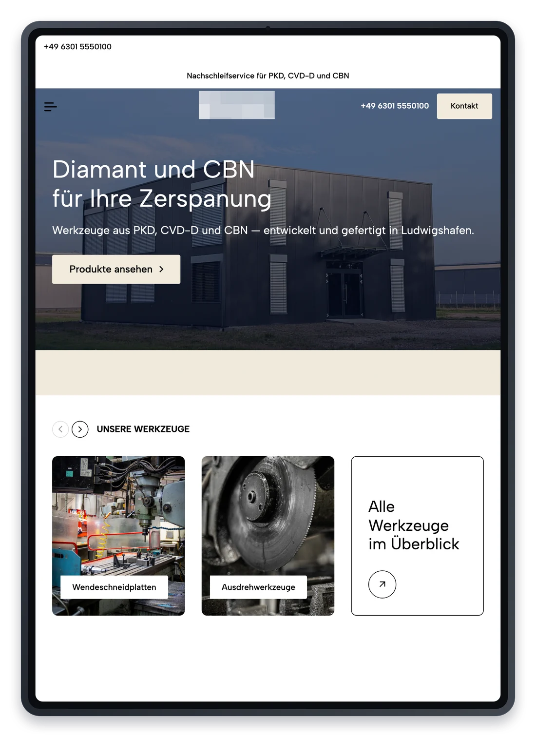 Projekt für einen Werkzeughersteller, die Startseite auf einem iPad