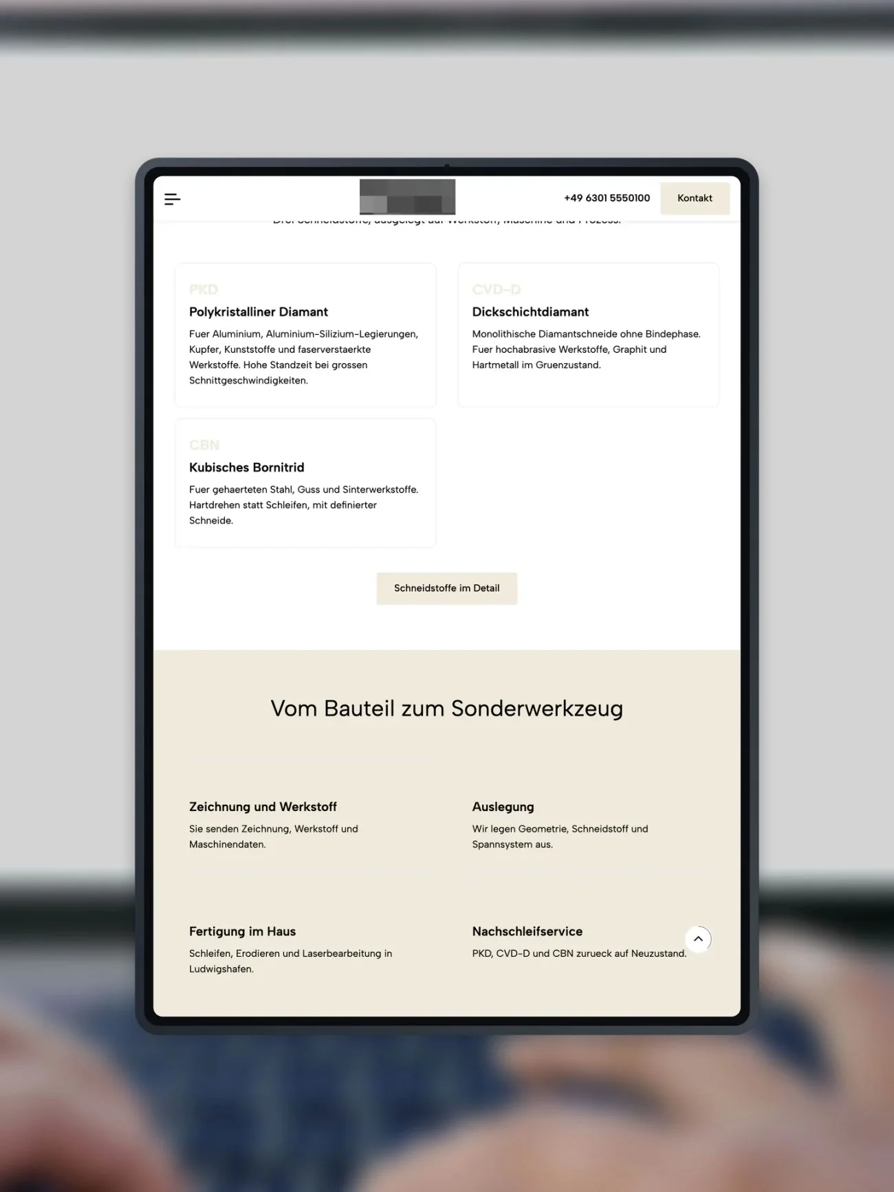Projekt für einen Werkzeughersteller, die Startseite weiter unten auf einem iPad
