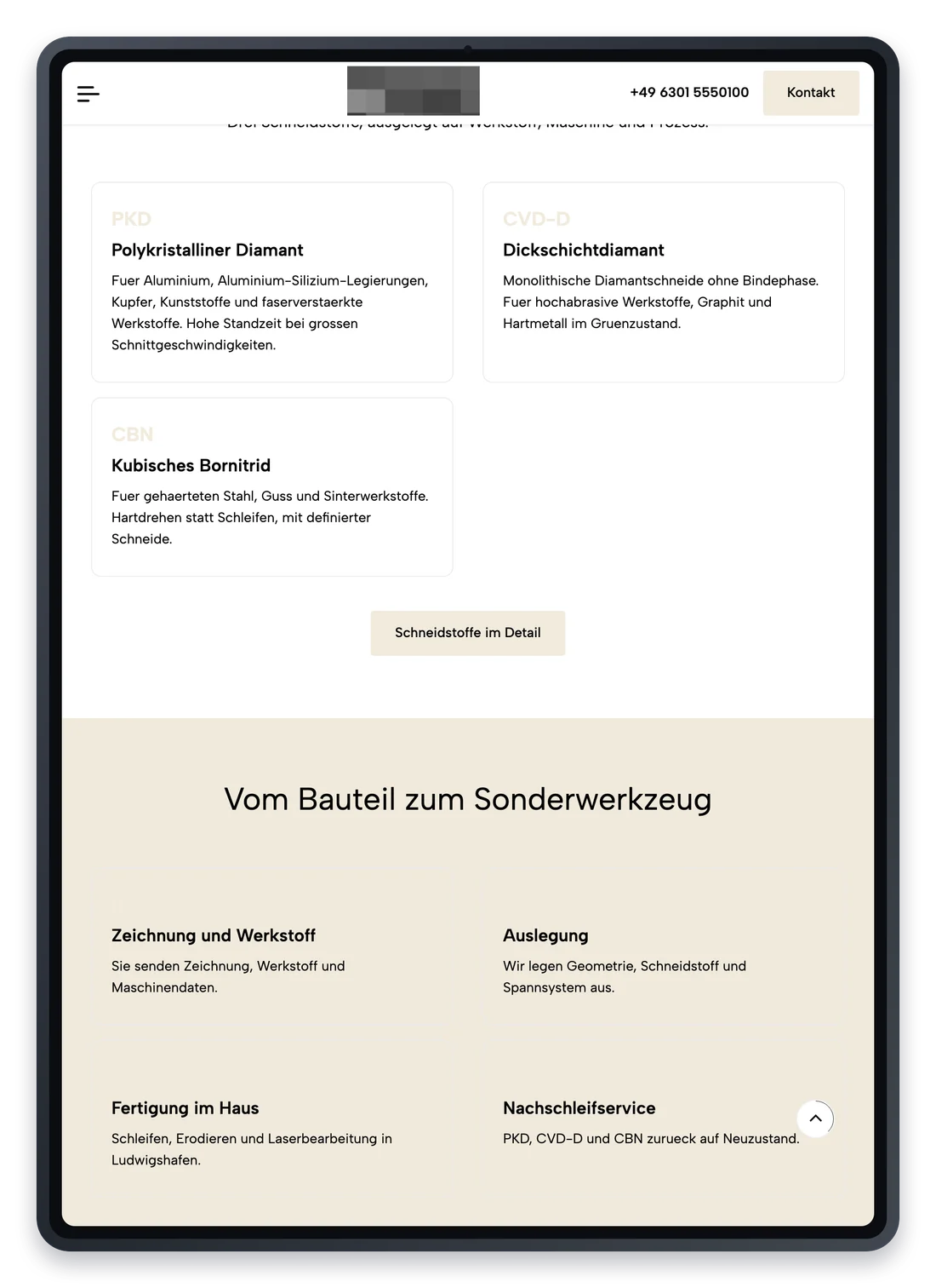 Projekt für einen Werkzeughersteller, die Startseite weiter unten auf einem iPad