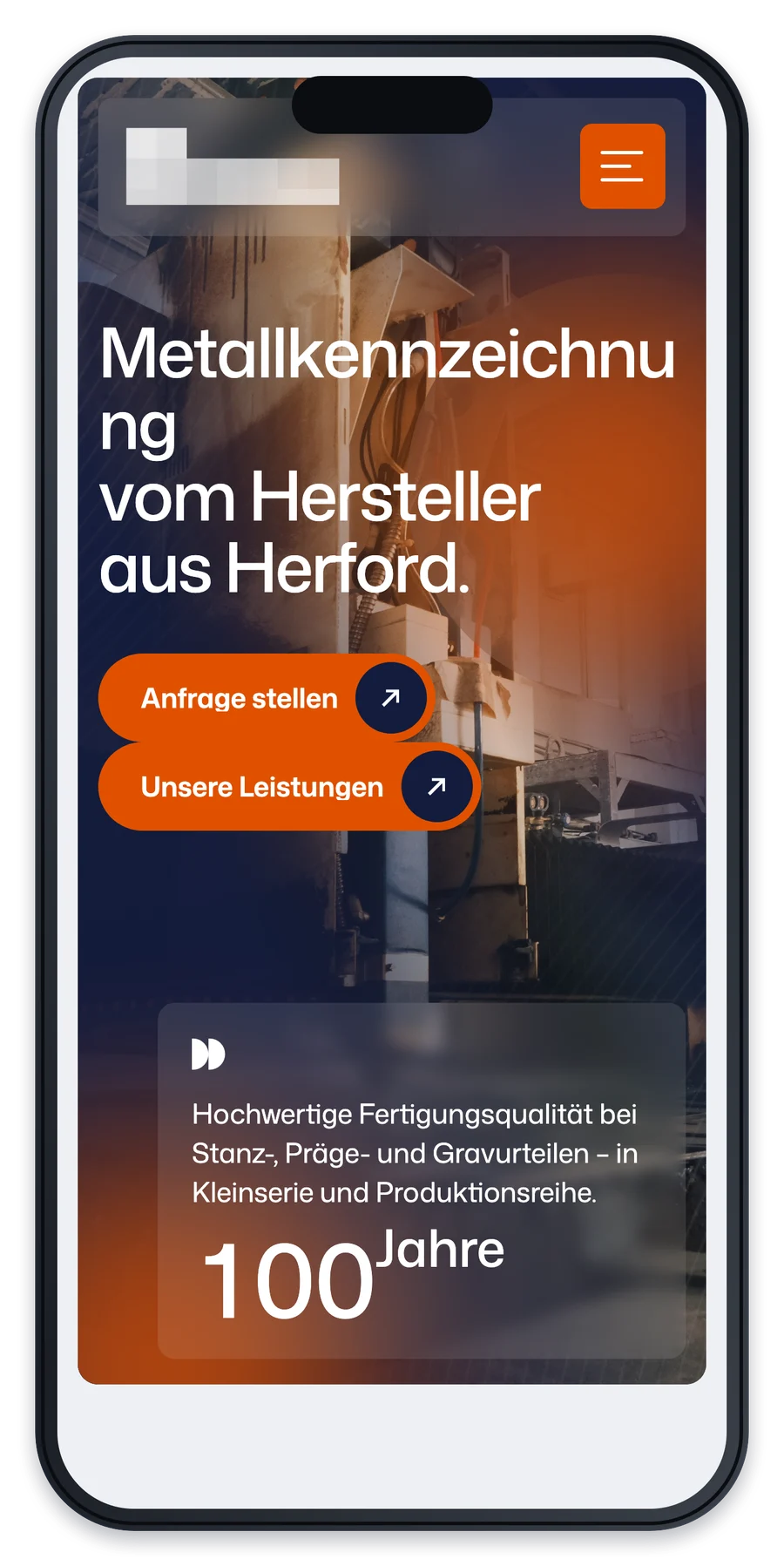 Projekt für einen Hersteller von Metallkennzeichnungen, die Startseite auf einem iPhone