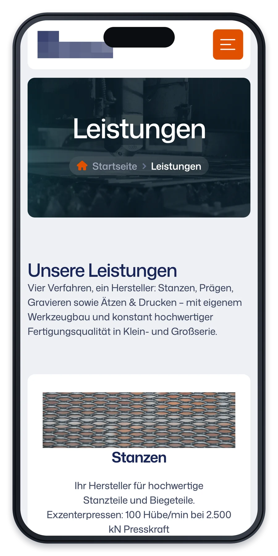 Projekt für einen Hersteller von Metallkennzeichnungen, eine Unterseite auf einem iPhone