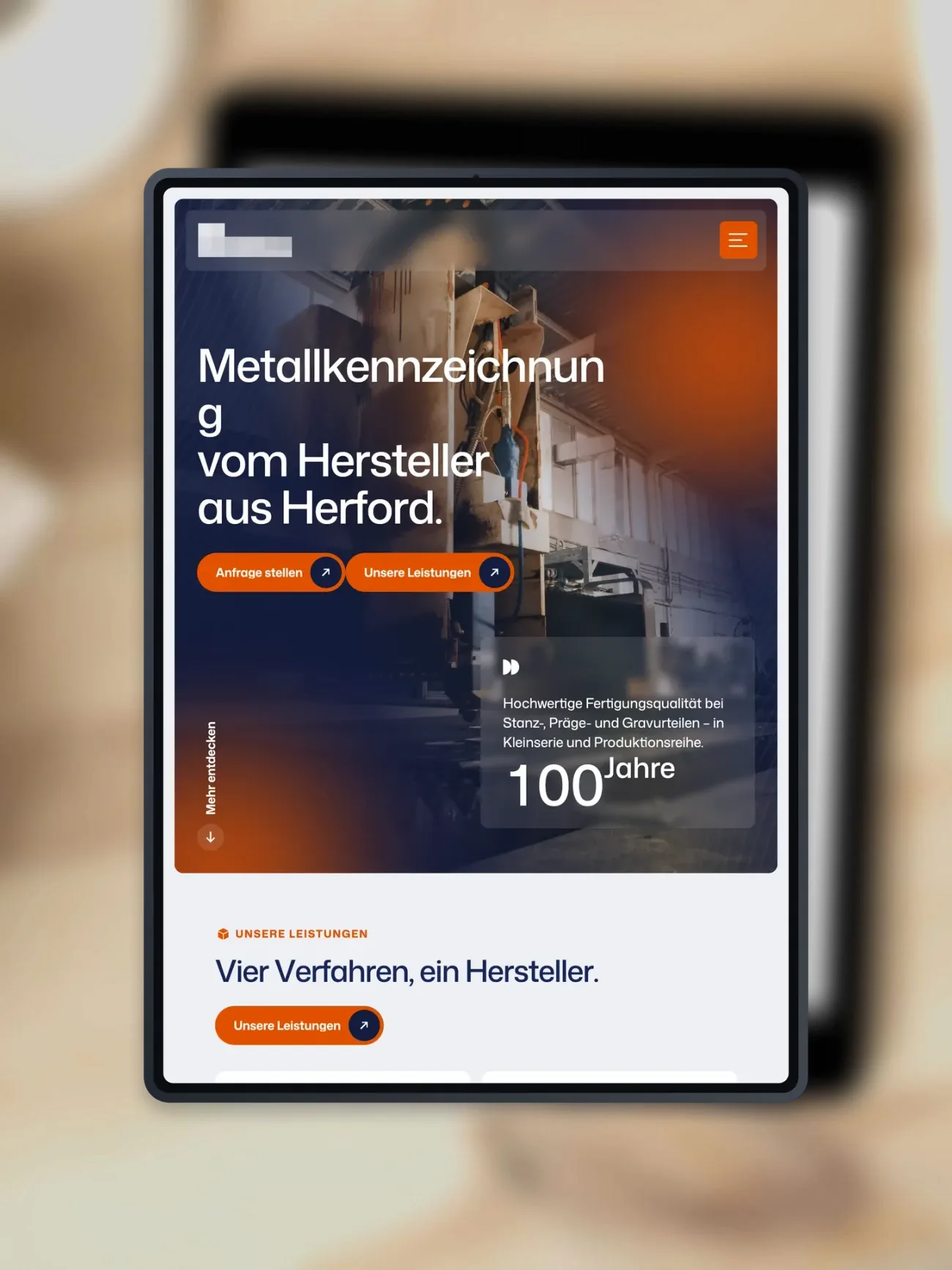 Projekt für einen Hersteller von Metallkennzeichnungen, die Startseite auf einem iPad