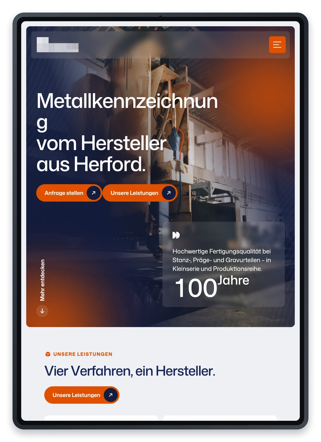 Projekt für einen Hersteller von Metallkennzeichnungen, die Startseite auf einem iPad