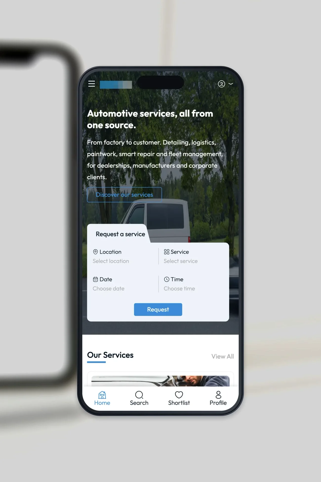 Projekt für einen Kfz-Dienstleister, die Startseite auf einem iPhone