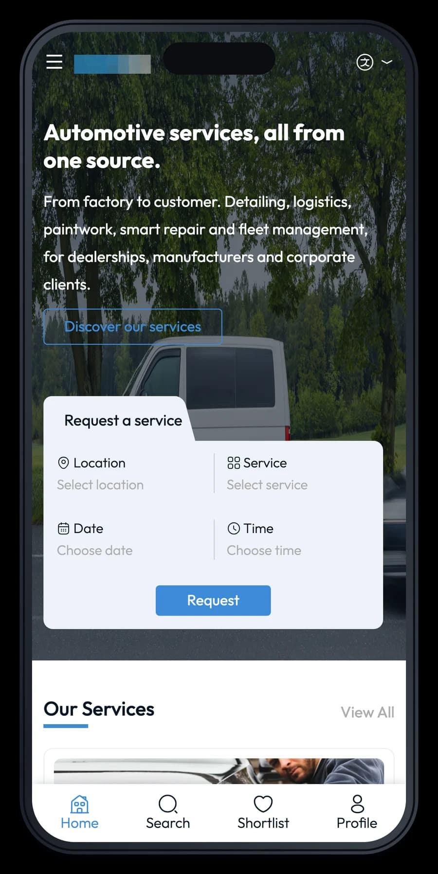 Projekt für einen Kfz-Dienstleister, die Startseite auf einem iPhone