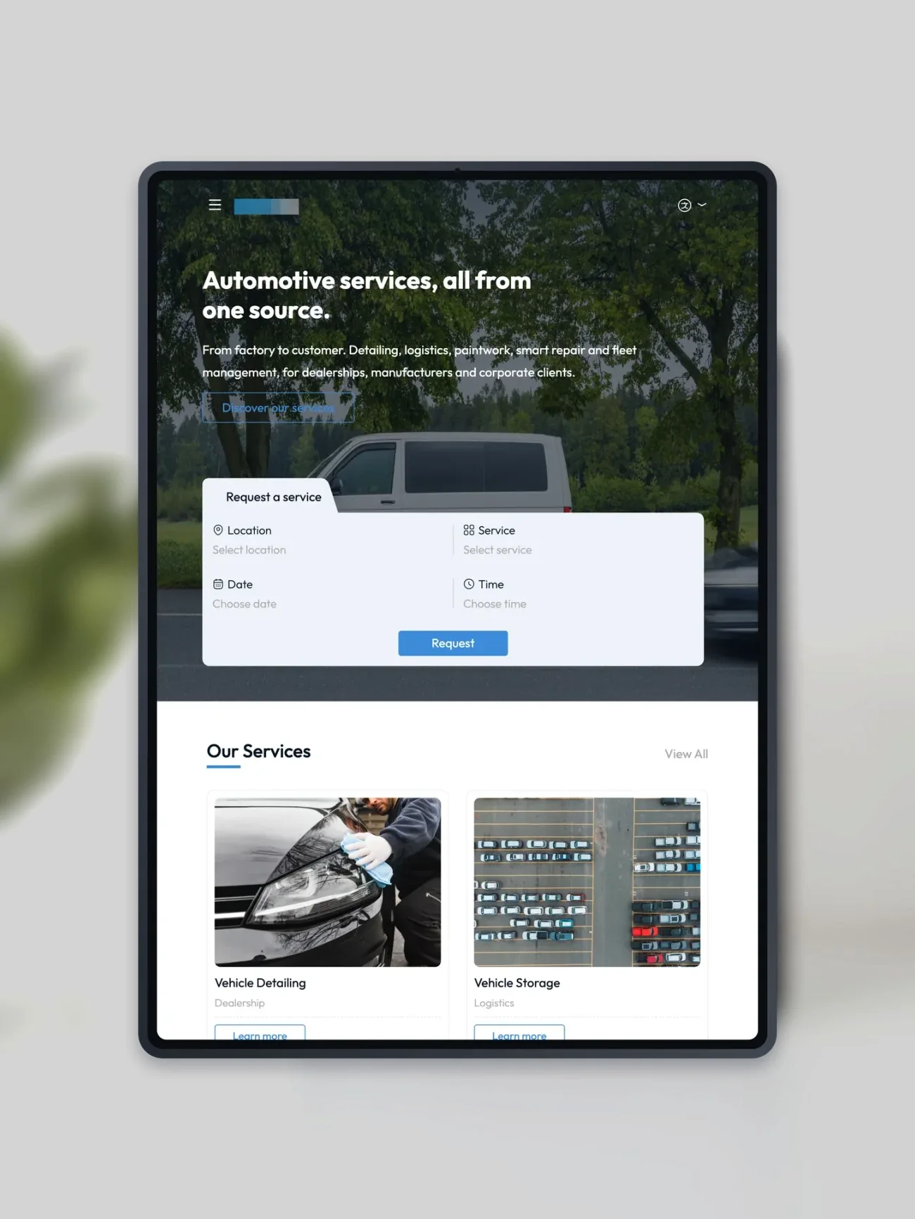 Projekt für einen Kfz-Dienstleister, die Startseite auf einem iPad