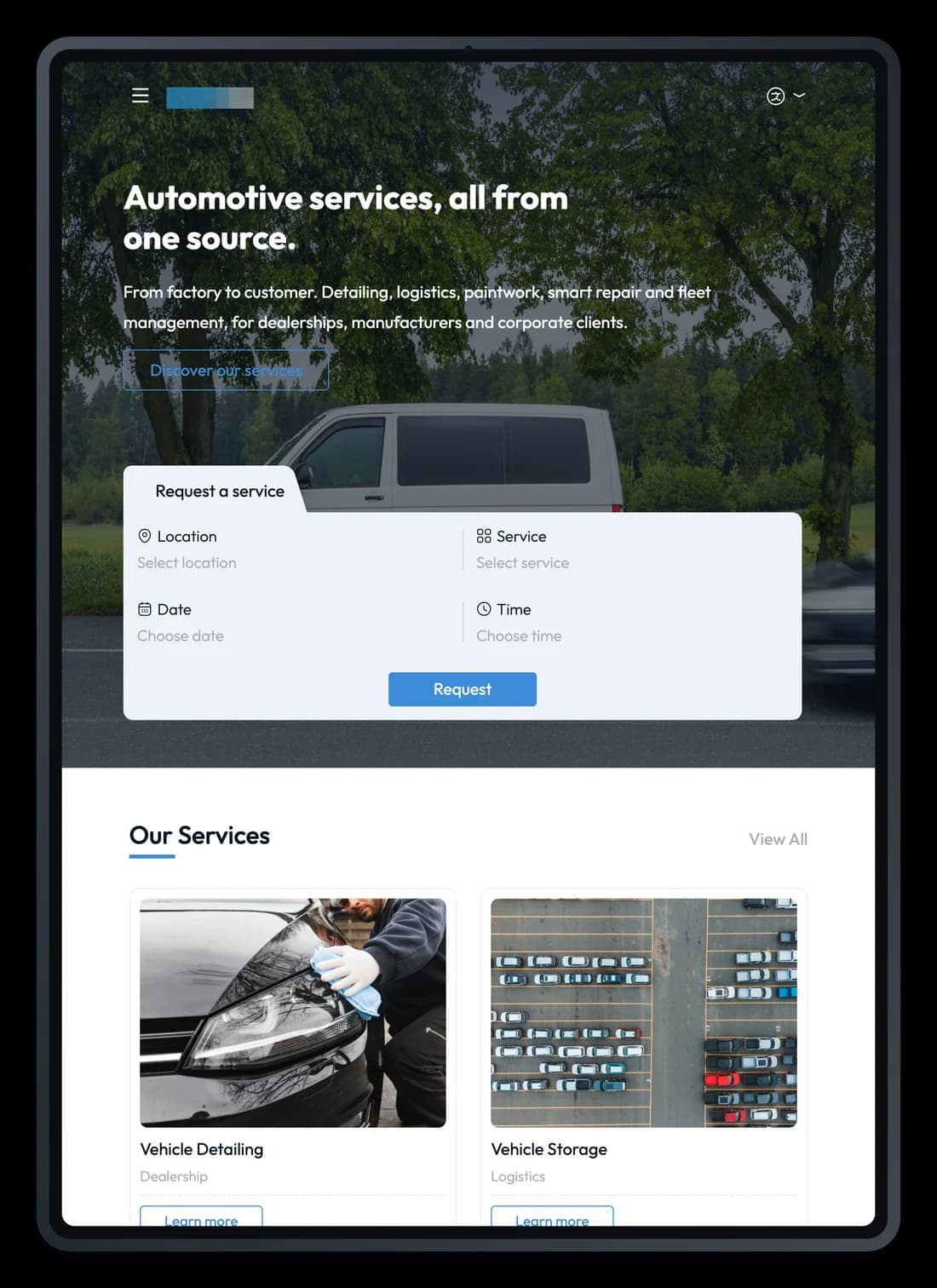 Projekt für einen Kfz-Dienstleister, die Startseite auf einem iPad