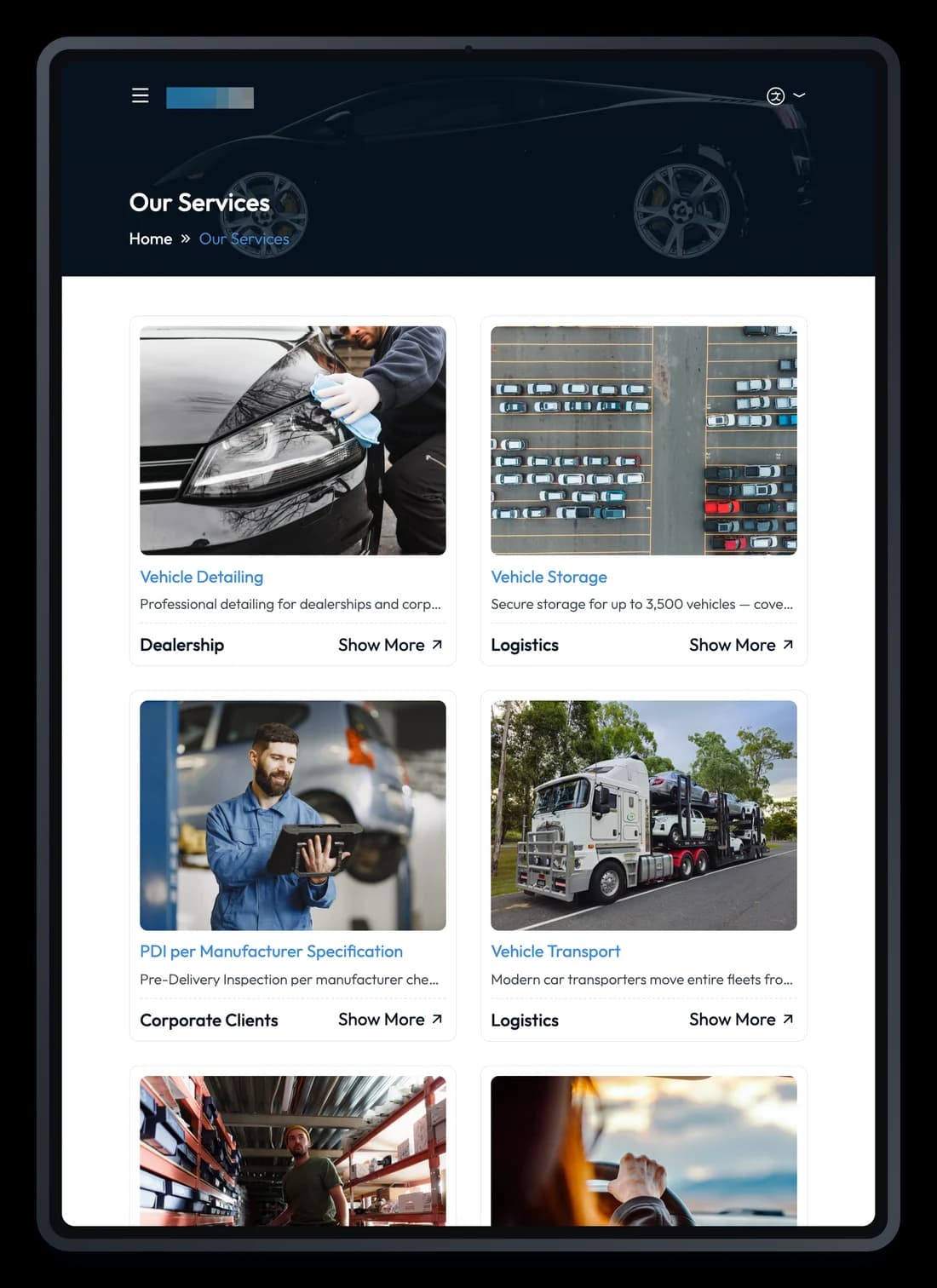Projekt für einen Kfz-Dienstleister, eine Unterseite auf einem iPad