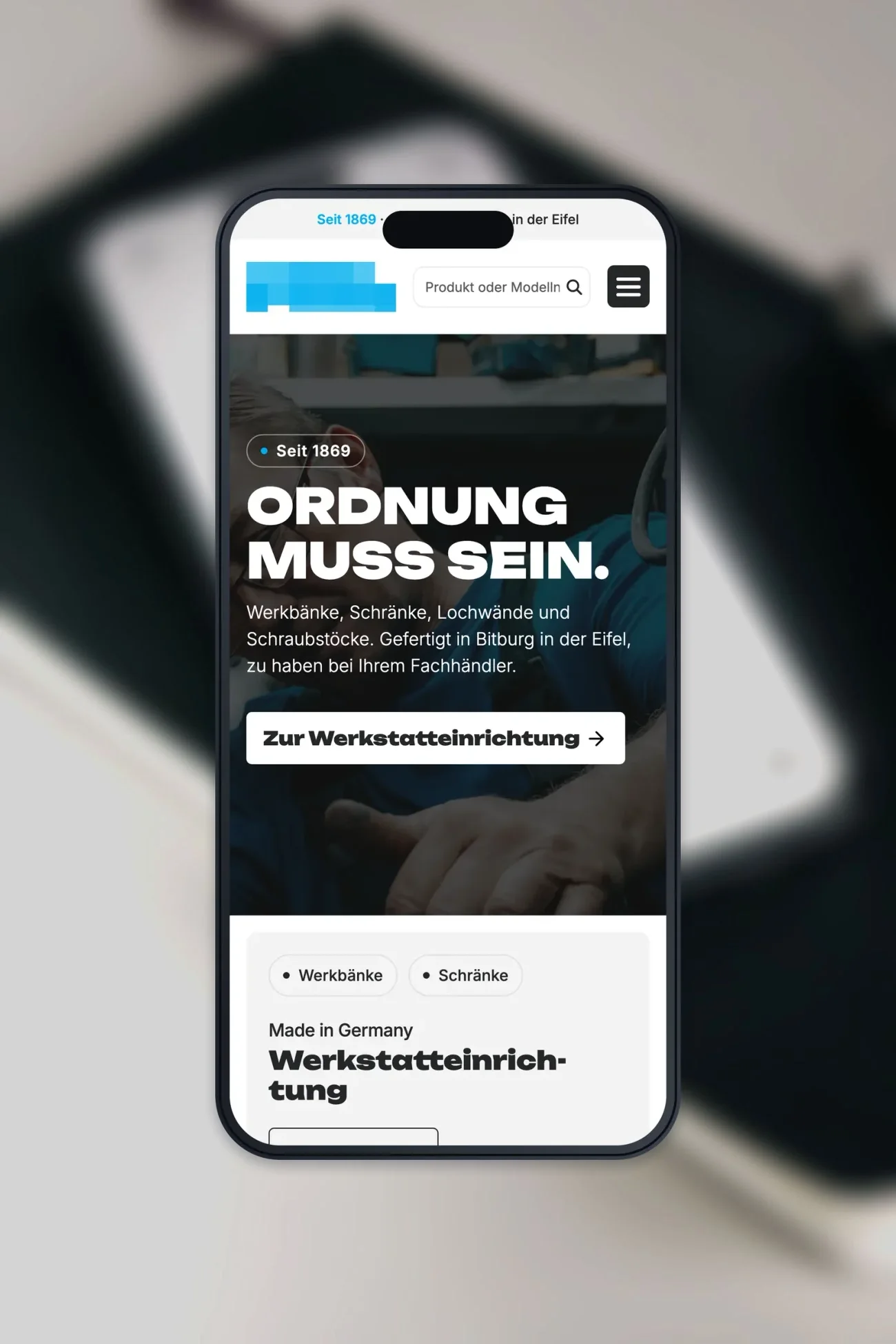 Projekt für einen Hersteller von Werkstatteinrichtung, die Startseite auf einem iPhone