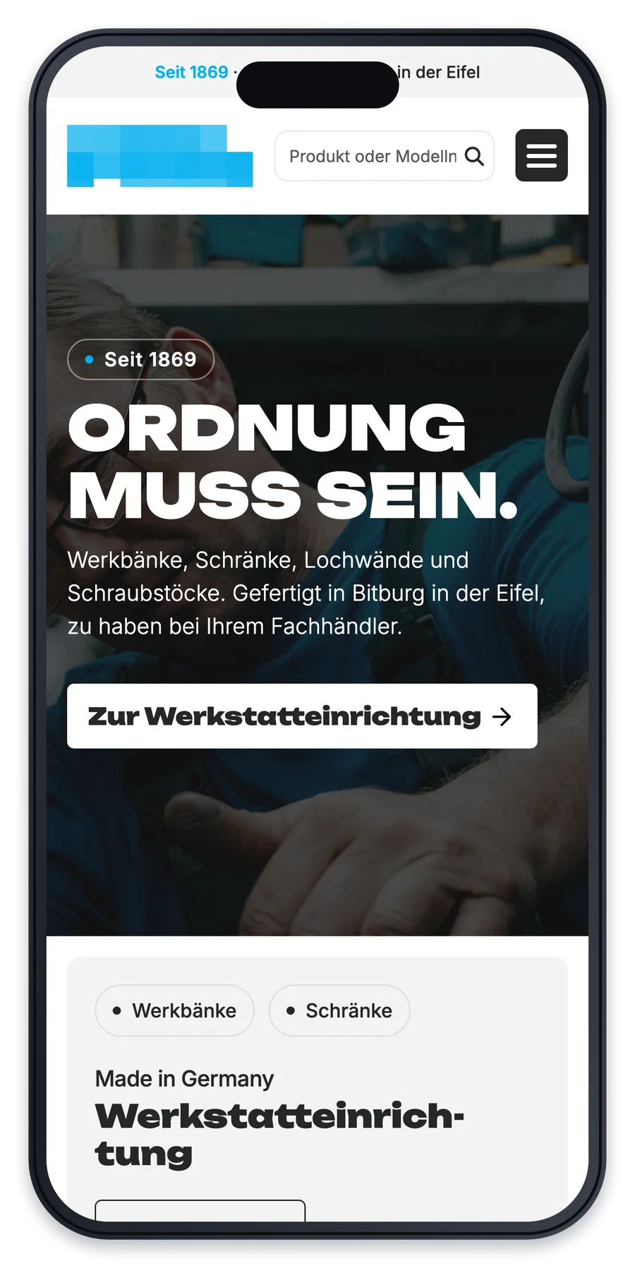 Projekt für einen Hersteller von Werkstatteinrichtung, die Startseite auf einem iPhone