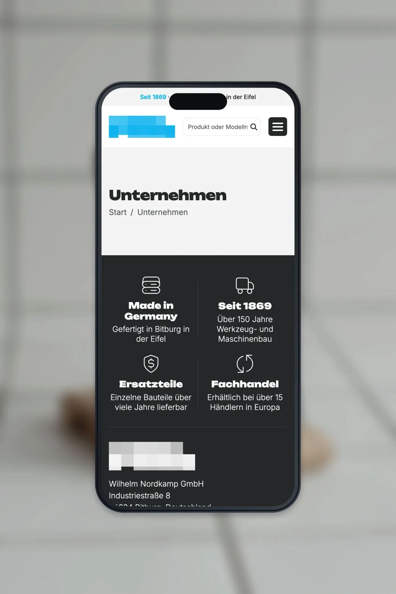 Projekt für einen Hersteller von Werkstatteinrichtung, eine Unterseite auf einem iPhone