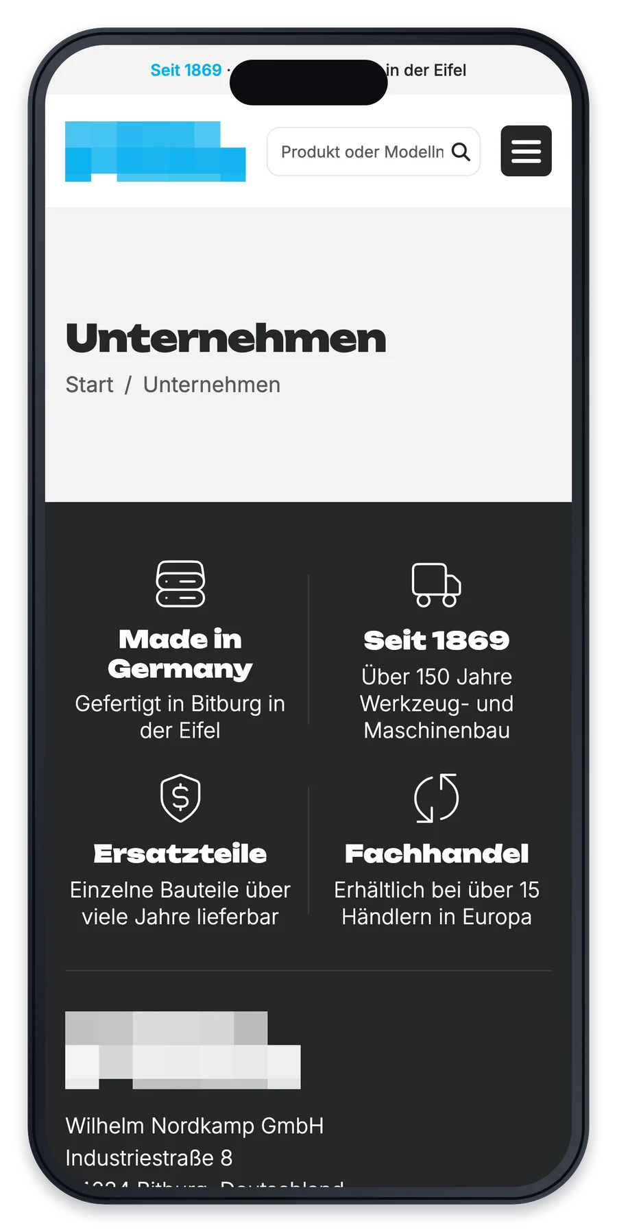 Projekt für einen Hersteller von Werkstatteinrichtung, eine Unterseite auf einem iPhone