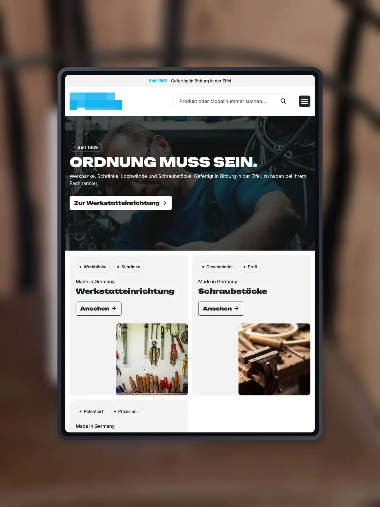 Projekt für einen Hersteller von Werkstatteinrichtung, die Startseite auf einem iPad