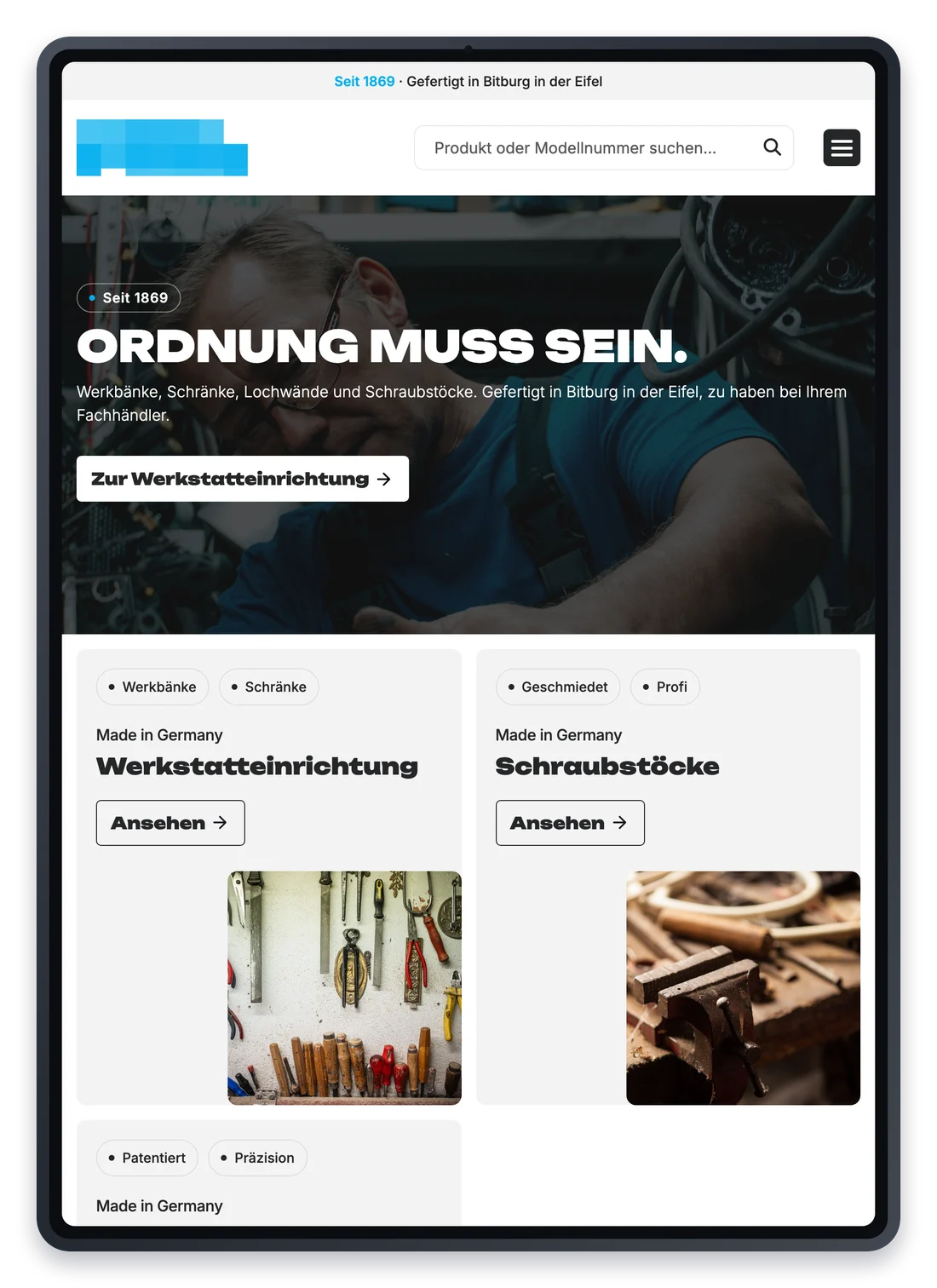 Projekt für einen Hersteller von Werkstatteinrichtung, die Startseite auf einem iPad