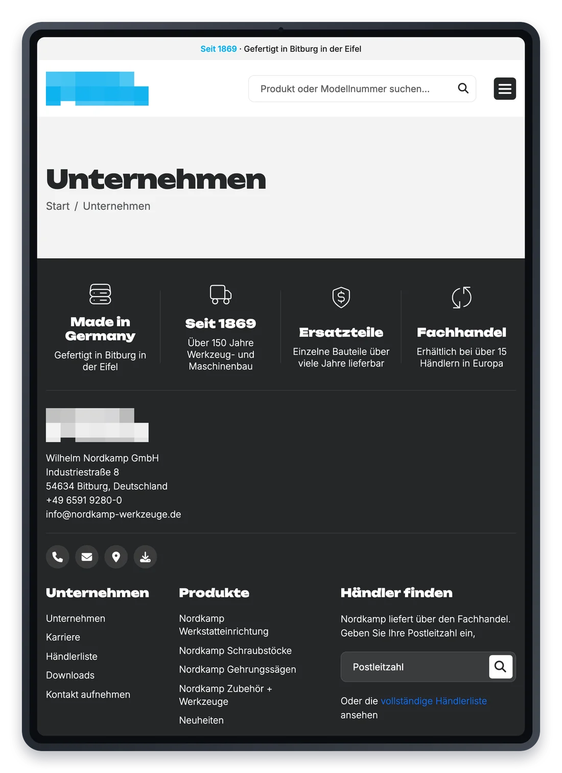 Projekt für einen Hersteller von Werkstatteinrichtung, eine Unterseite auf einem iPad