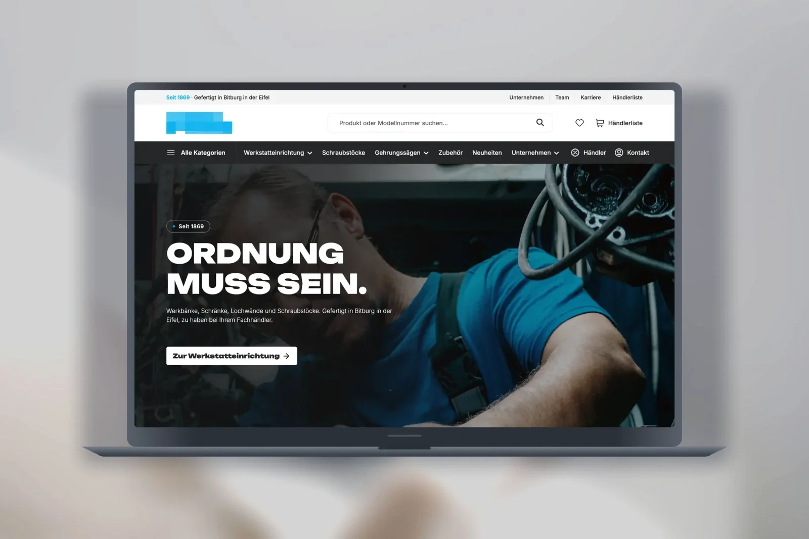 Projekt für einen Hersteller von Werkstatteinrichtung, die Startseite auf einem MacBook