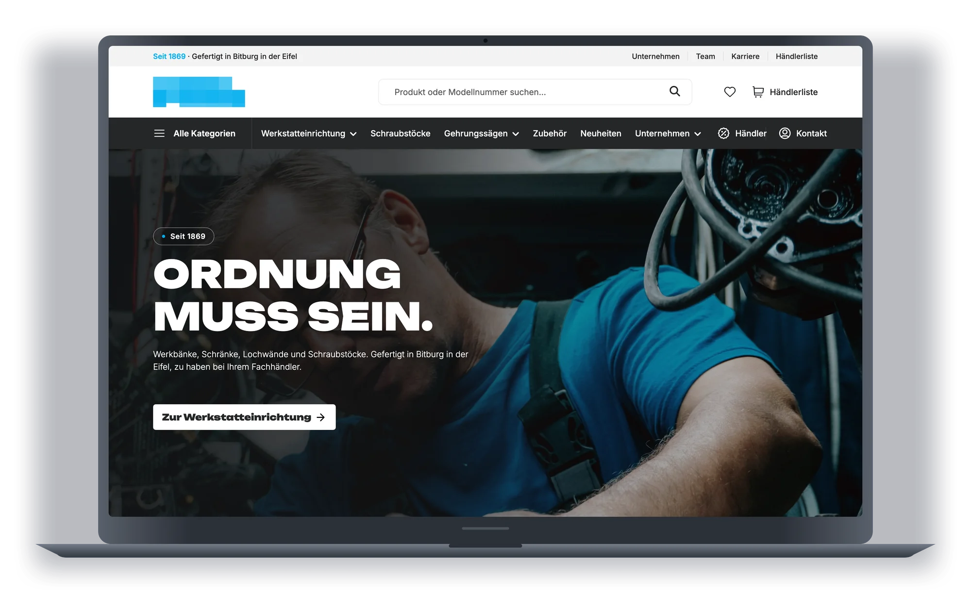 Projekt für einen Hersteller von Werkstatteinrichtung, die Startseite auf einem MacBook