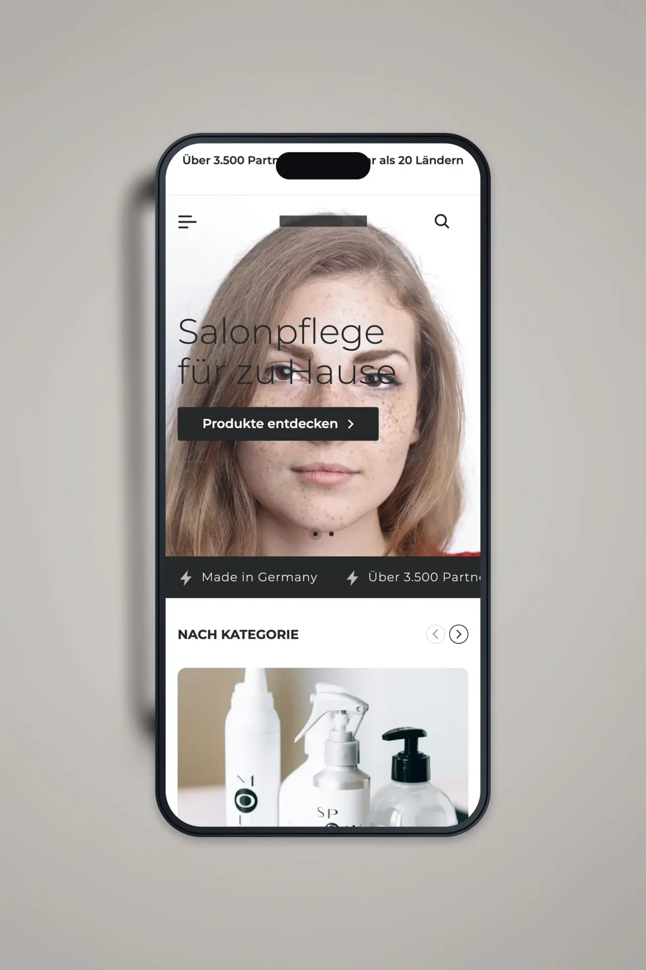 Projekt für einen Onlineshop für Haarpflegeprodukte, die Startseite auf einem iPhone