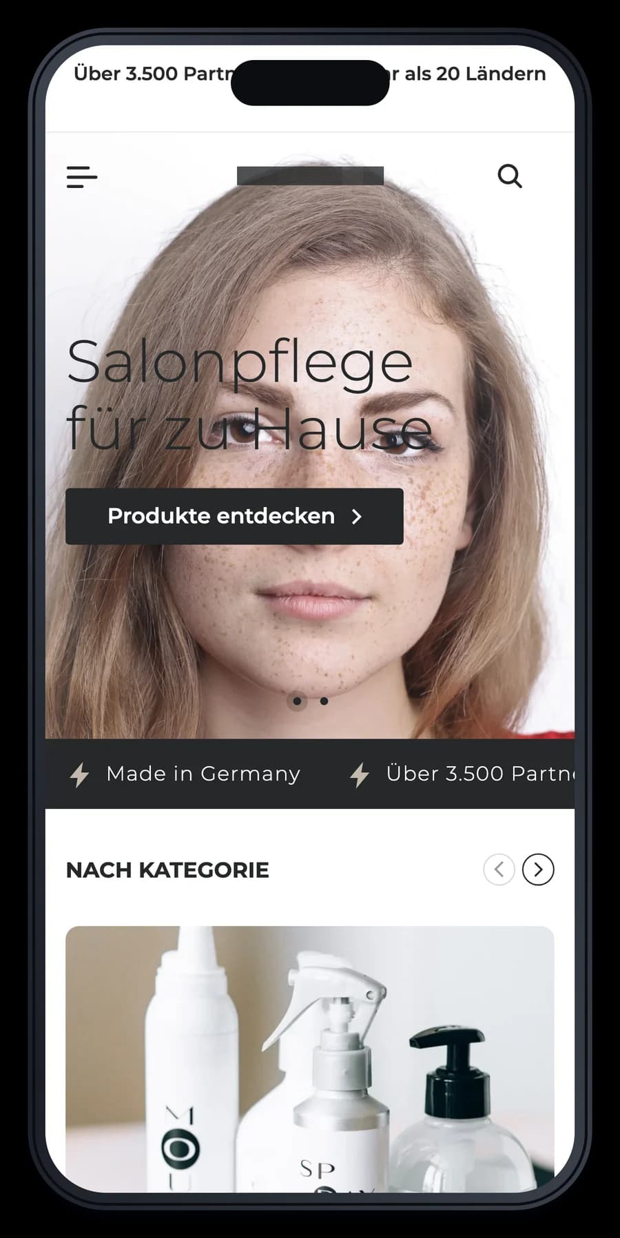Projekt für einen Onlineshop für Haarpflegeprodukte, die Startseite auf einem iPhone