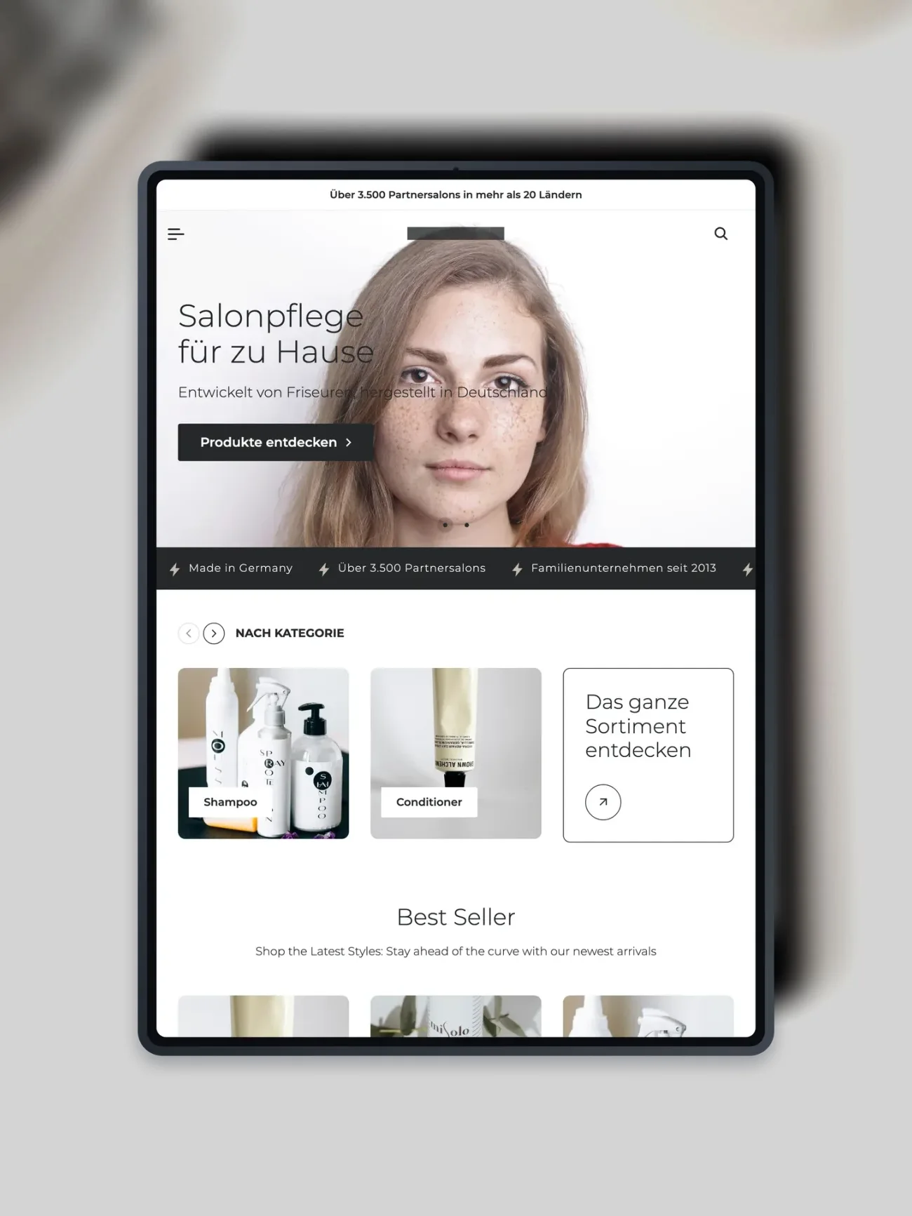 Projekt für einen Onlineshop für Haarpflegeprodukte, die Startseite auf einem iPad