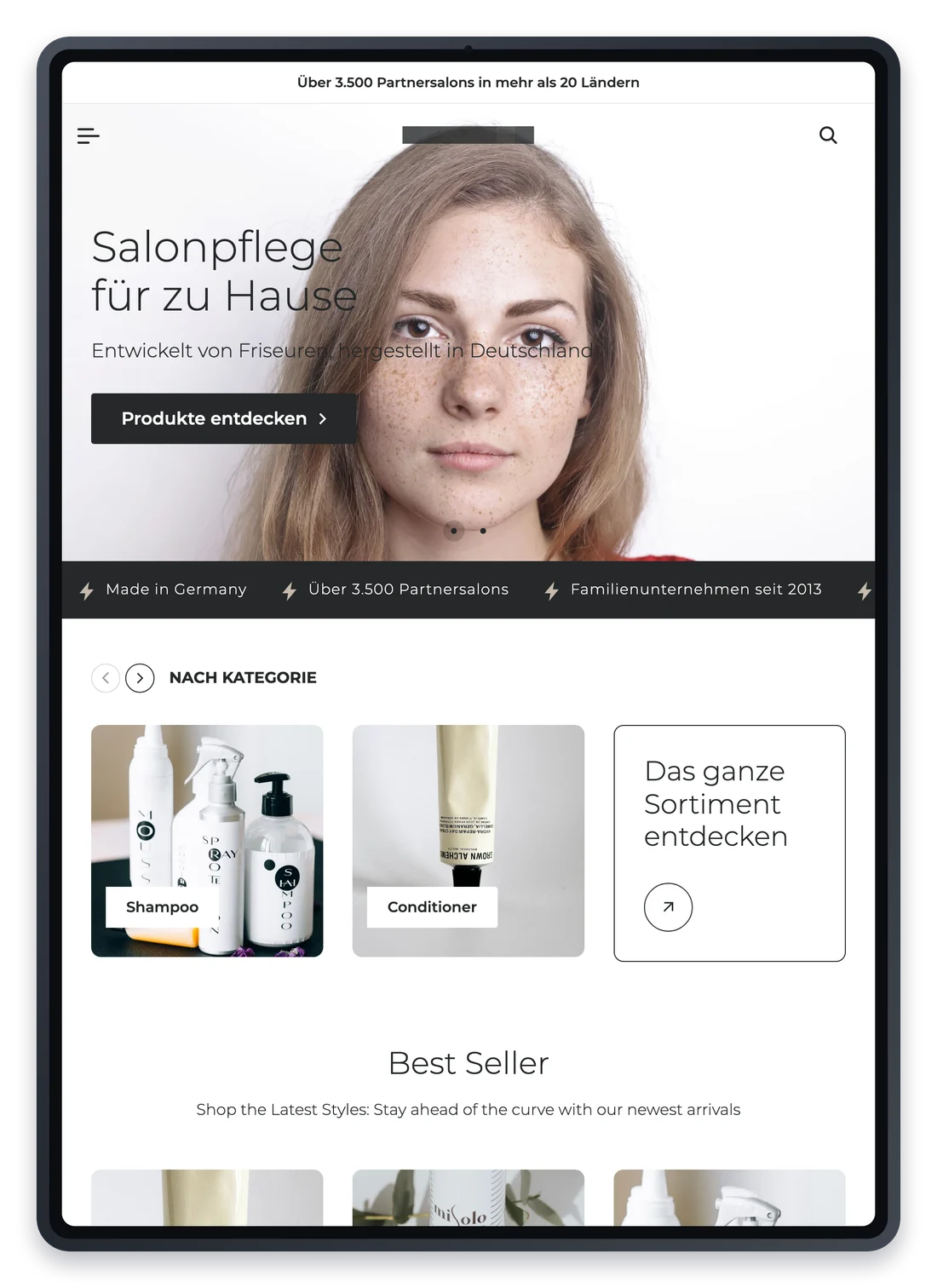 Projekt für einen Onlineshop für Haarpflegeprodukte, die Startseite auf einem iPad