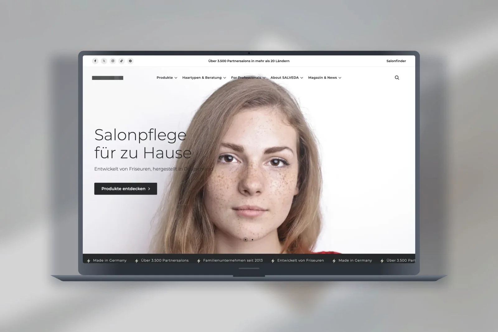 Projekt für einen Onlineshop für Haarpflegeprodukte, die Startseite auf einem MacBook