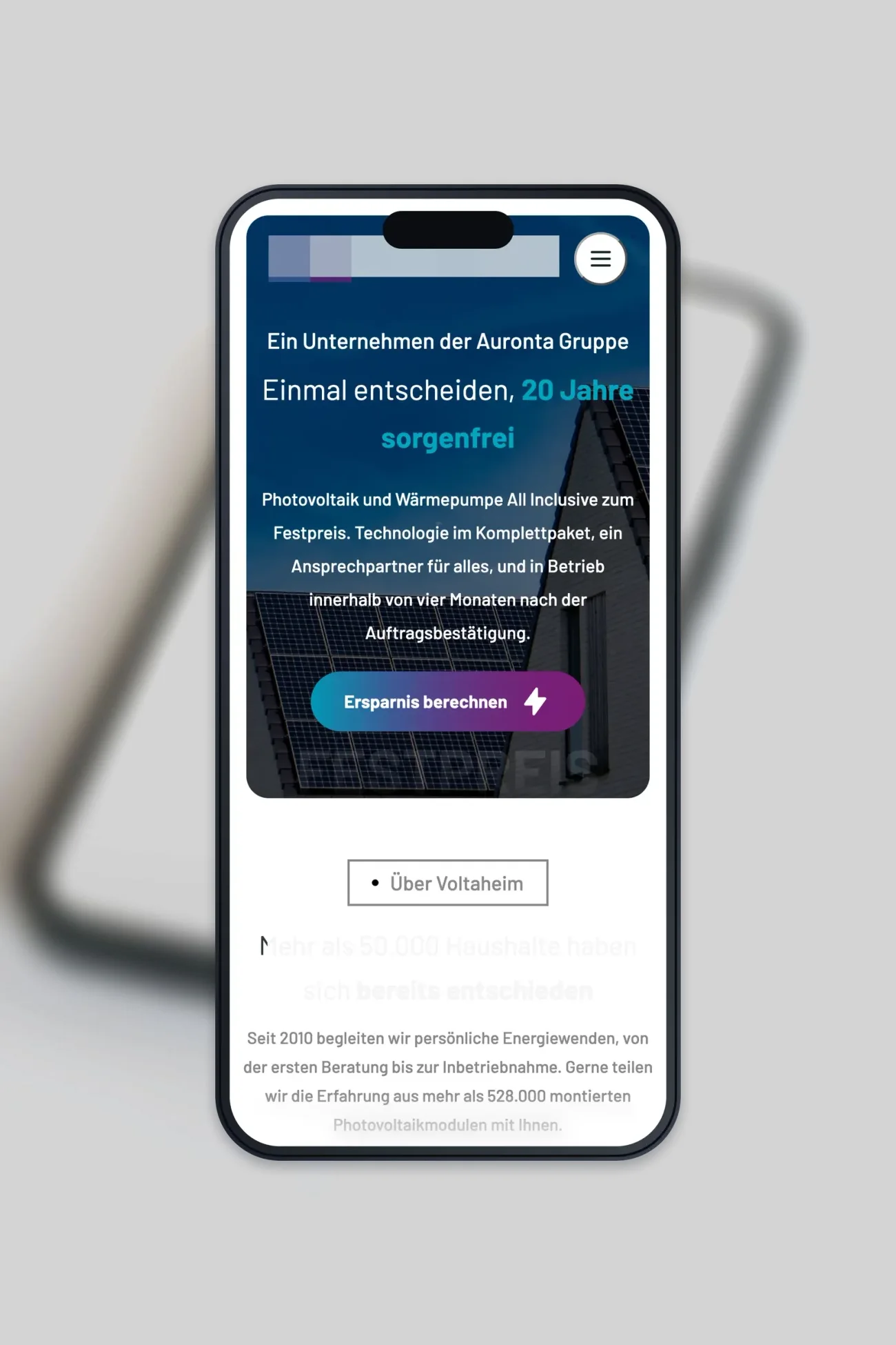Projekt für einen Photovoltaikbetrieb, die Startseite auf einem iPhone