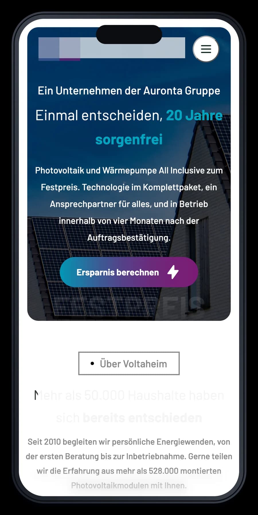 Projekt für einen Photovoltaikbetrieb, die Startseite auf einem iPhone