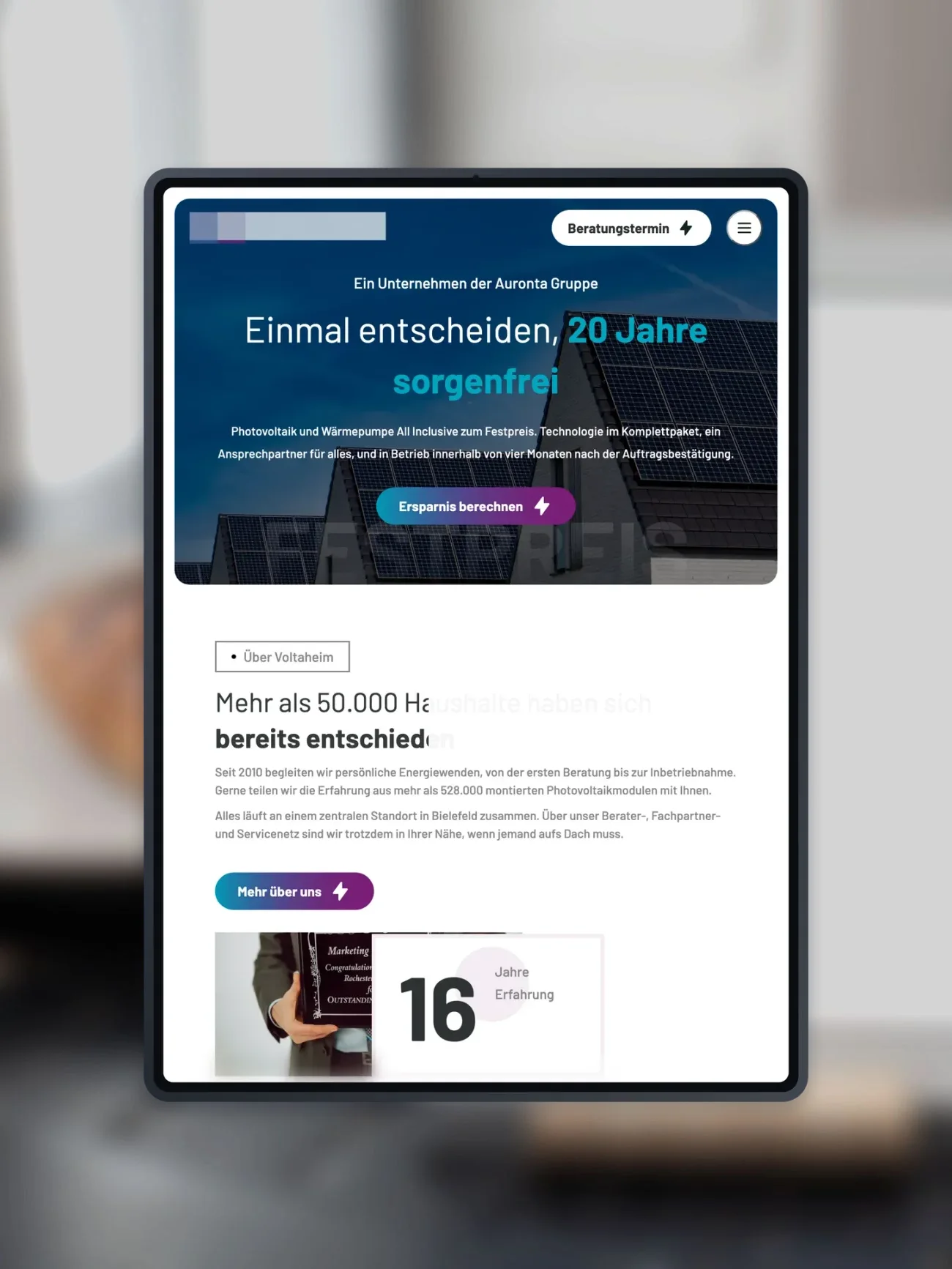 Projekt für einen Photovoltaikbetrieb, die Startseite auf einem iPad