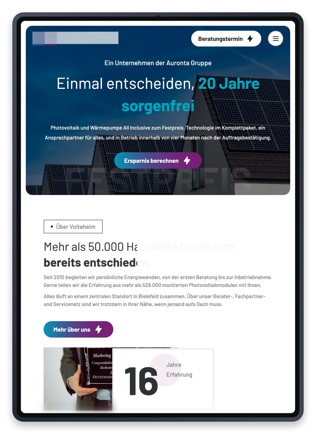 Projekt für einen Photovoltaikbetrieb, die Startseite auf einem iPad