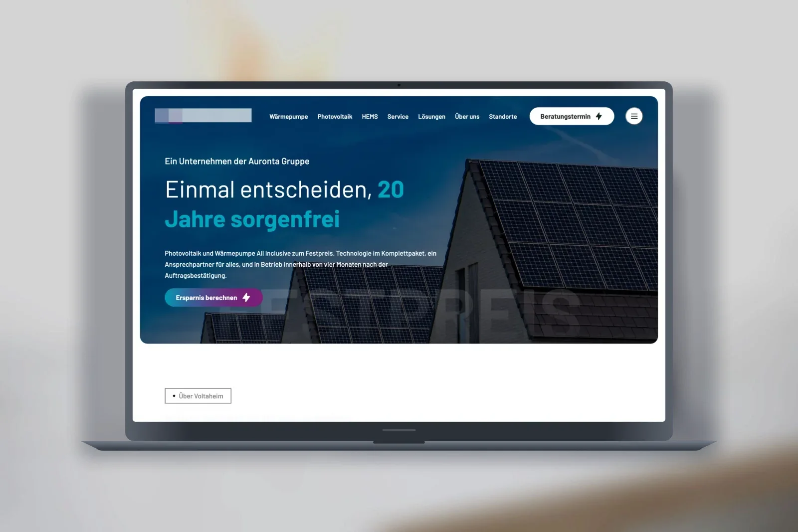 Projekt für einen Photovoltaikbetrieb, die Startseite auf einem MacBook