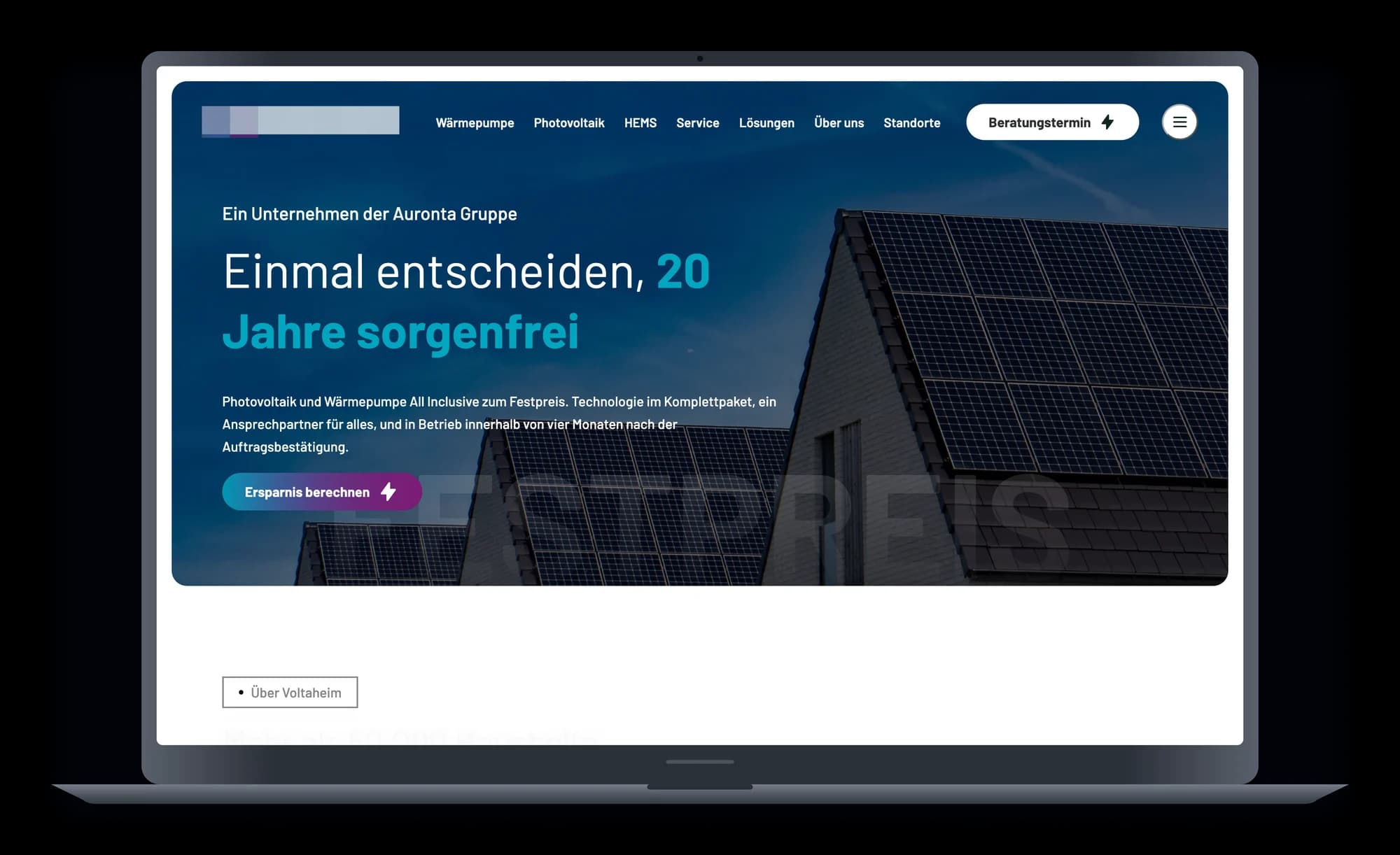 Projekt für einen Photovoltaikbetrieb, die Startseite auf einem MacBook