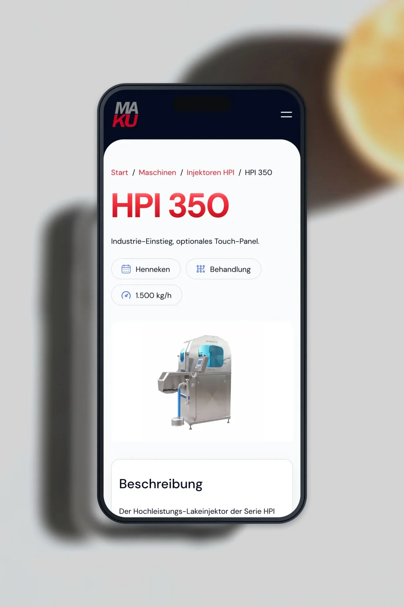 Die Maschinenseite HPI 350 von MAKU Meat Tec auf einem iPhone, mit Produktbild und den Eckdaten darüber.