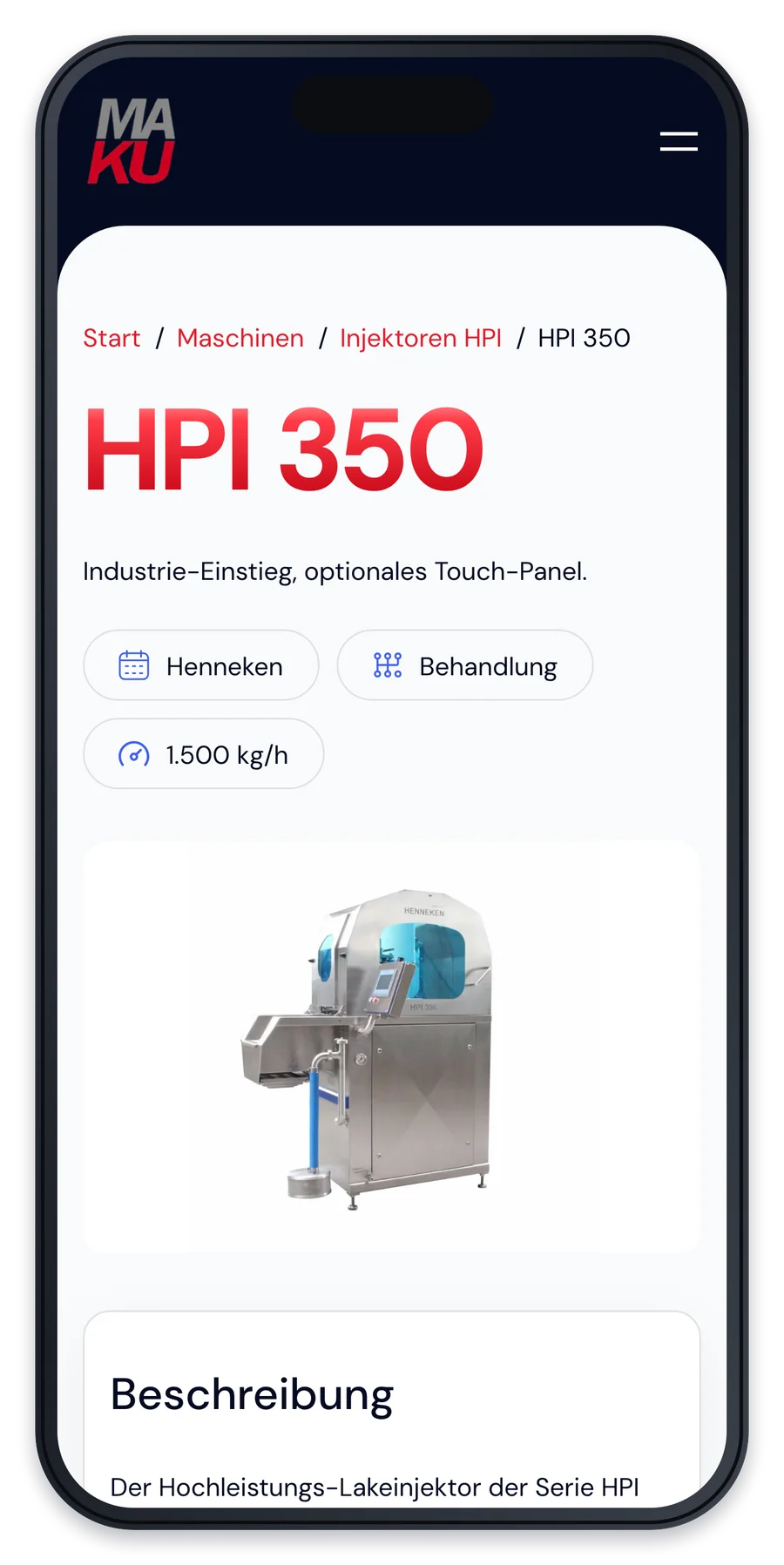 Die Maschinenseite HPI 350 von MAKU Meat Tec auf einem iPhone, mit Produktbild und den Eckdaten darüber.