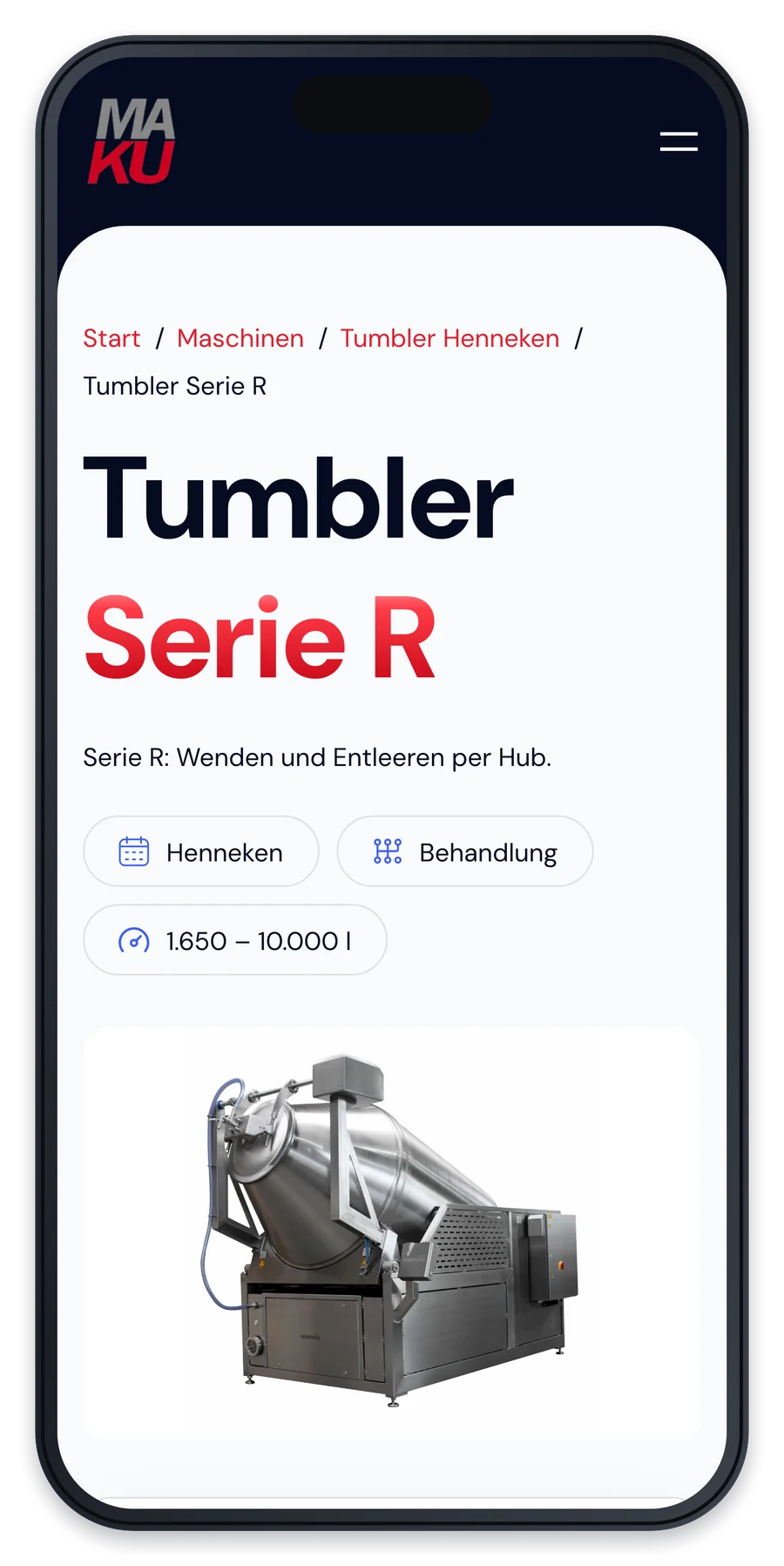 Die Maschinenseite Tumbler Serie R von MAKU Meat Tec auf einem iPhone, mit Produktbild und Füllmenge.
