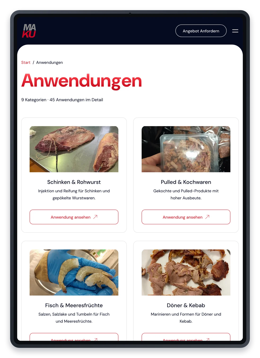 Die Anwendungsseite von MAKU Meat Tec auf einem iPad, mit den Kategorien von Schinken und Rohwurst bis Fisch und Meeresfrüchte.