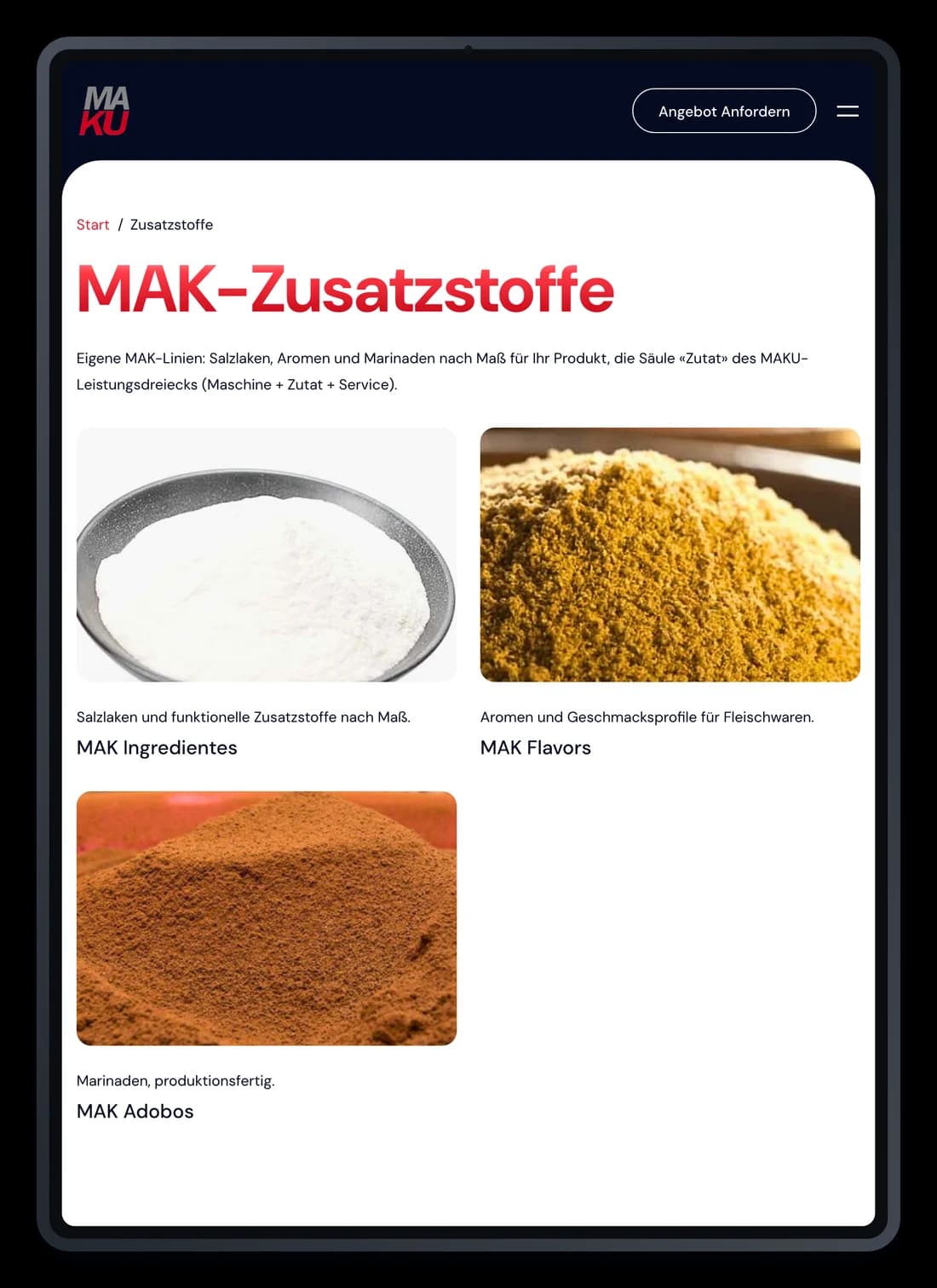 Die Seite MAK-Zusatzstoffe von MAKU Meat Tec auf einem iPad, mit den drei Linien Ingredientes, Flavors und Adobos.